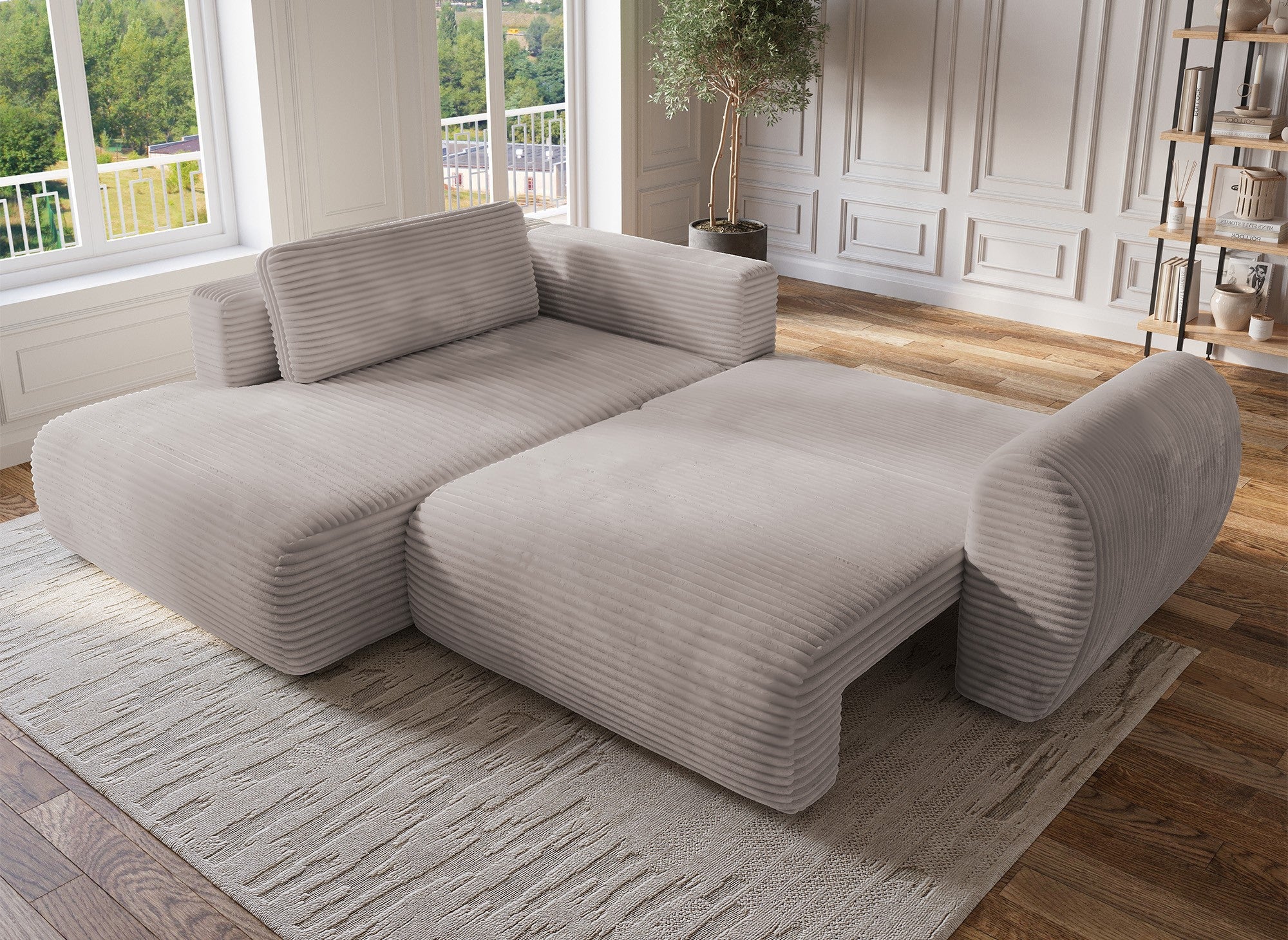 TILDA Ecksofabett in weichem Taupe mit geripptem Bezug, Chaiselongue und Stauraum – Linke Ecke