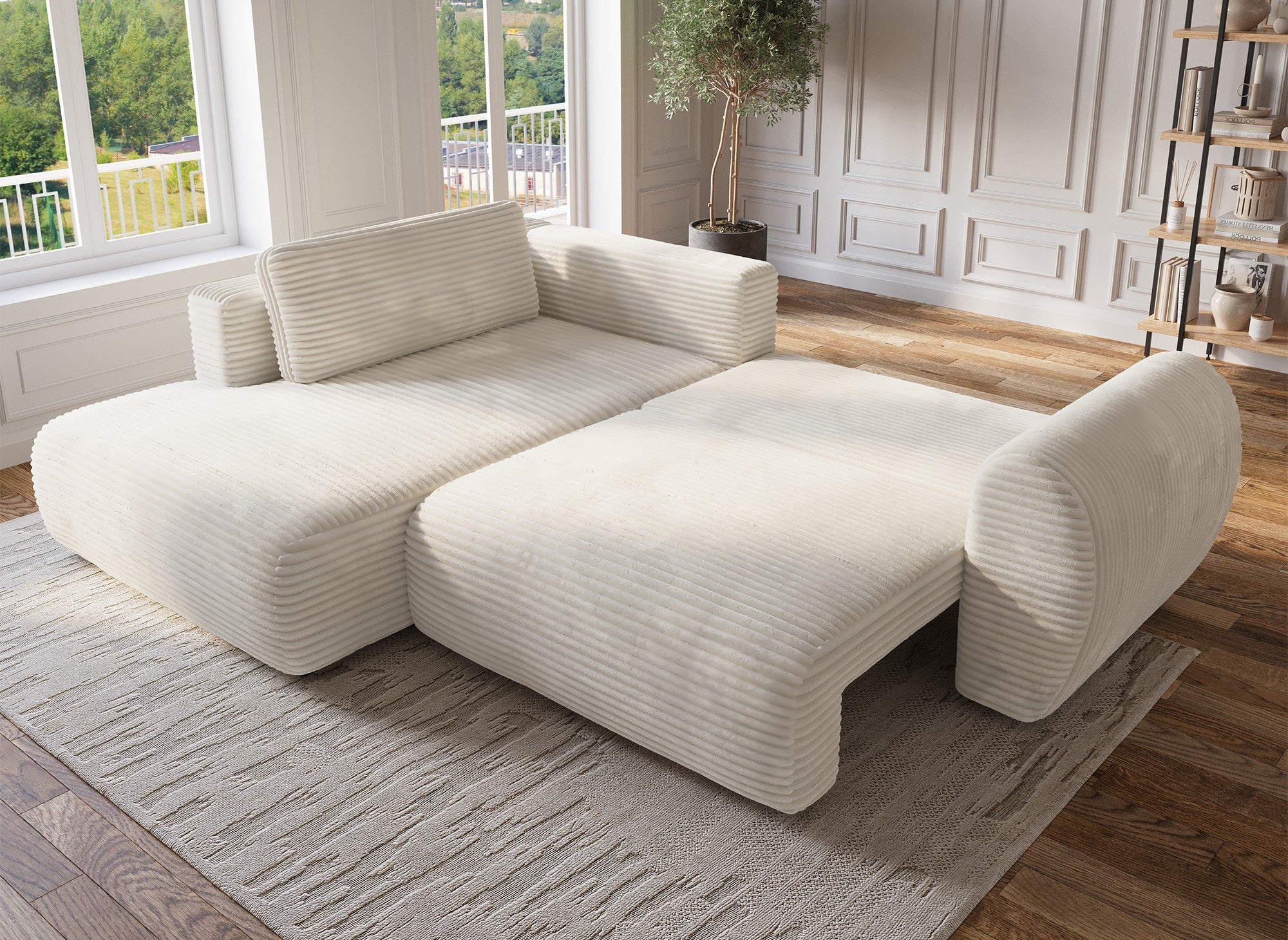 TILDA Ecksofa mit weichem Rippenmuster, Beige, mit Chaiselongue und Stauraum – Linke Ecke