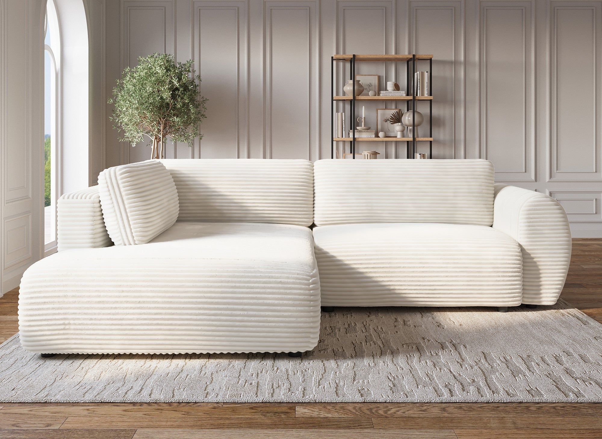 TILDA Ecksofa mit weichem Rippenmuster, Beige, mit Chaiselongue und Stauraum – Linke Ecke