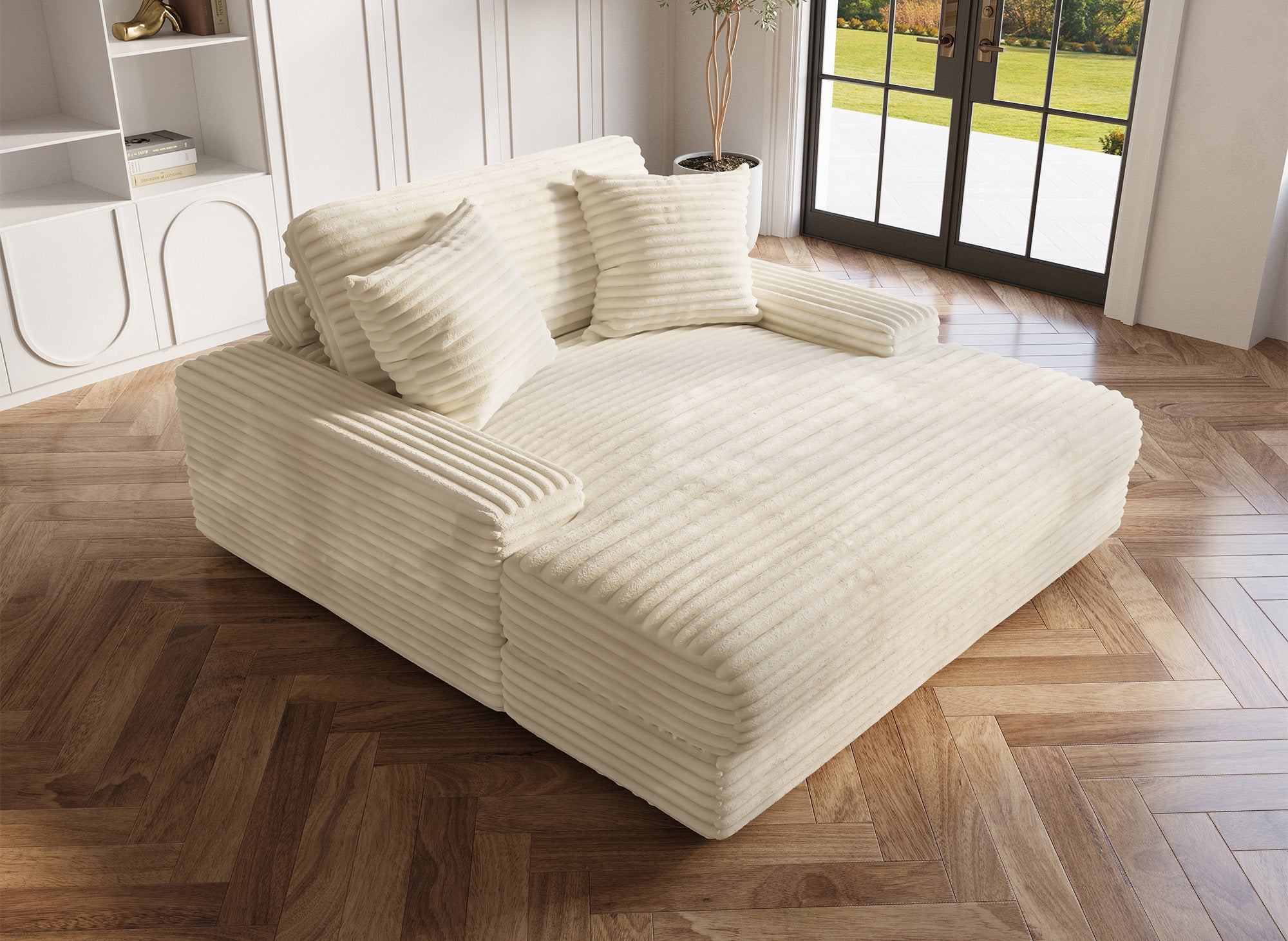 DAHO beiges, weich geripptes Chaiselongue-Sofa