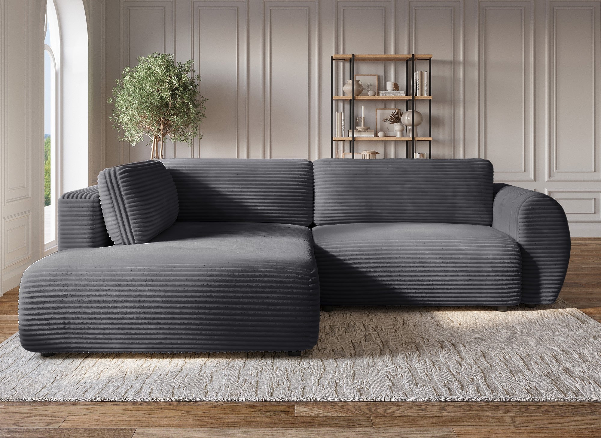 TILDA Ecksofa mit weichem Rippenmuster, grau, mit Chaiselongue und Stauraum – linke Ecke