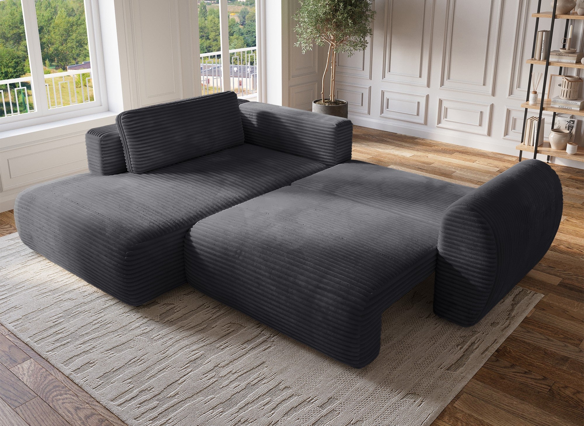 TILDA Ecksofa mit weichem Rippenmuster, grau, mit Chaiselongue und Stauraum – linke Ecke