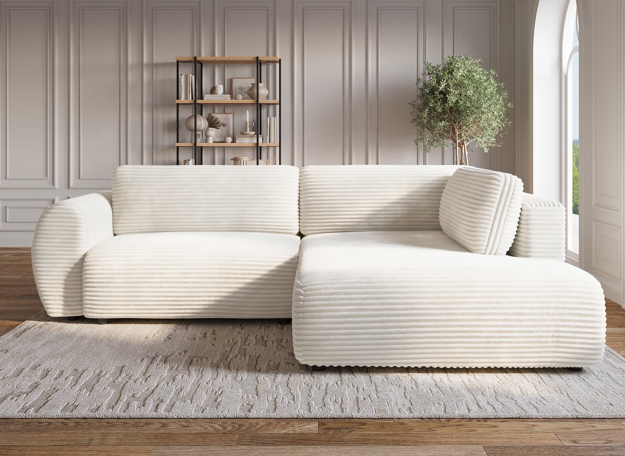 TILDA Ecksofa mit Bettfunktion, weich gerippt, mit Chaiselongue und Stauraum, Beige, rechtwinklig