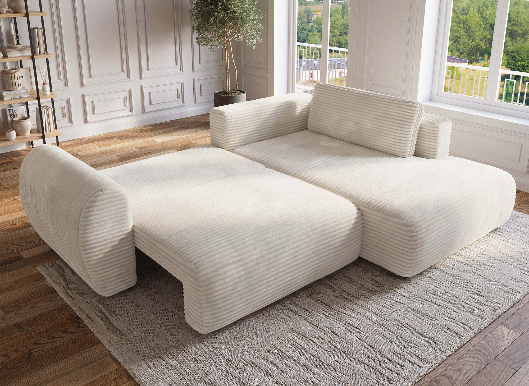 TILDA Ecksofa mit Bettfunktion, weich gerippt, mit Chaiselongue und Stauraum, Beige, rechtwinklig