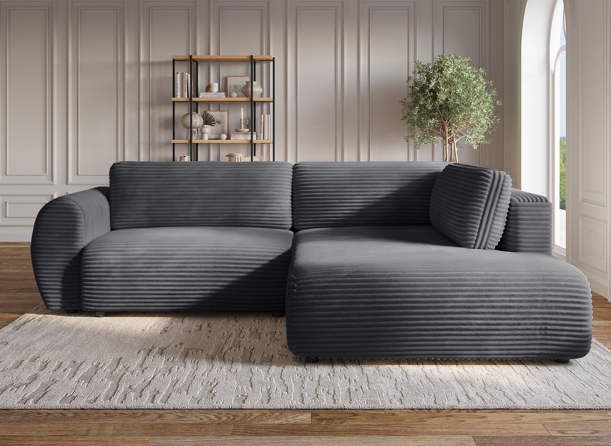 TILDA Ecksofa mit Bettfunktion, gerippt, grau, mit Chaiselongue und Stauraum, rechtwinklig