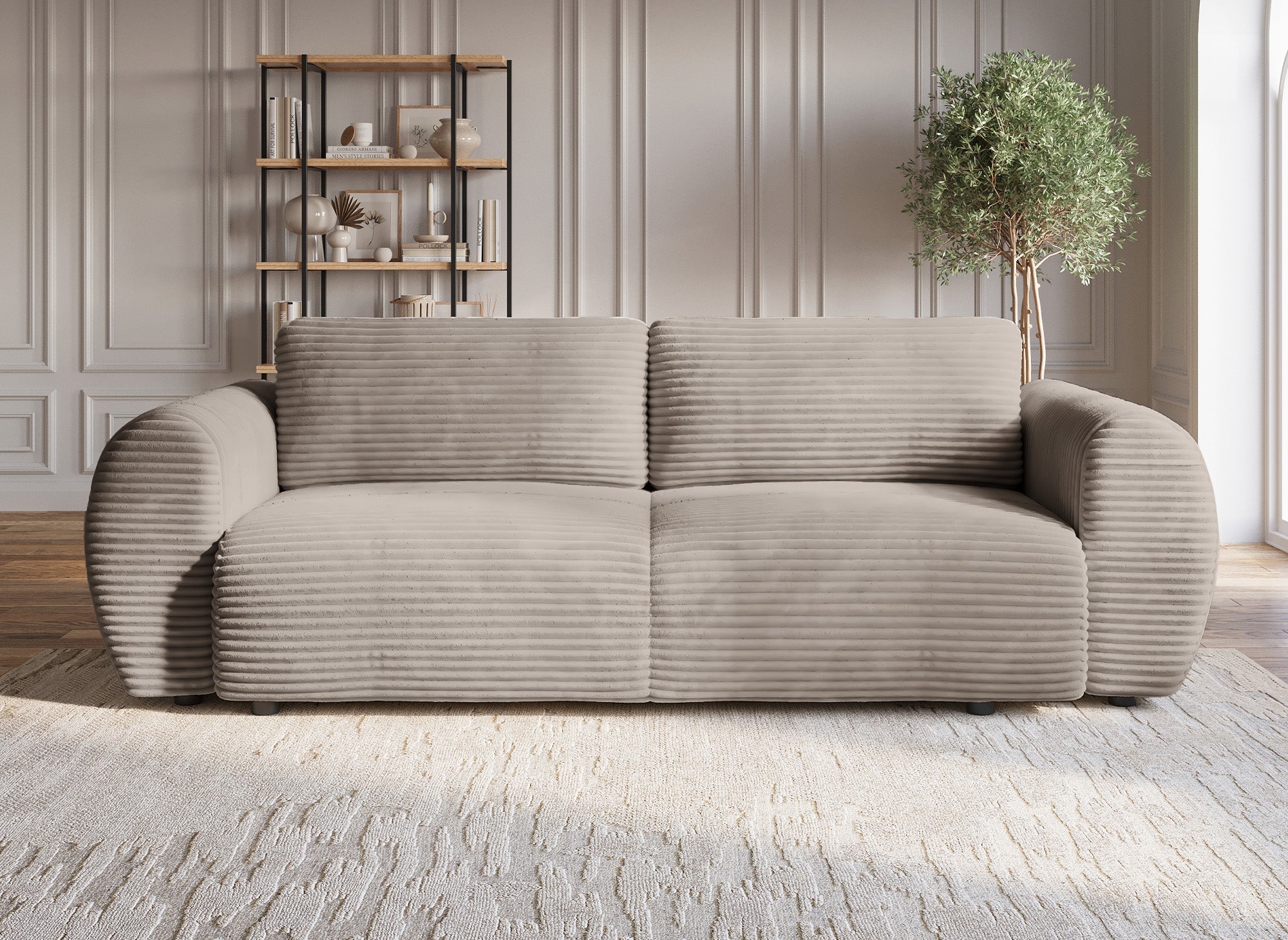 TILDA 3-Sitzer-Sofa mit gerader Rückenlehne und weicher, taupefarbener Rippentruhe