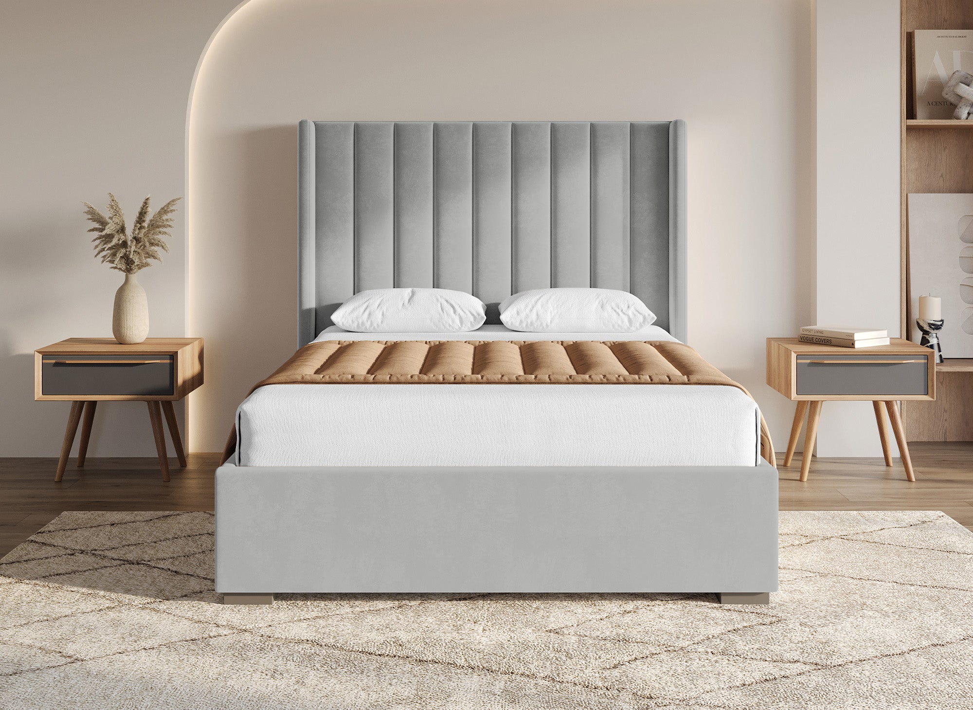 ALENA Bett mit Stauraum aus grauem Samt 140x190 cm