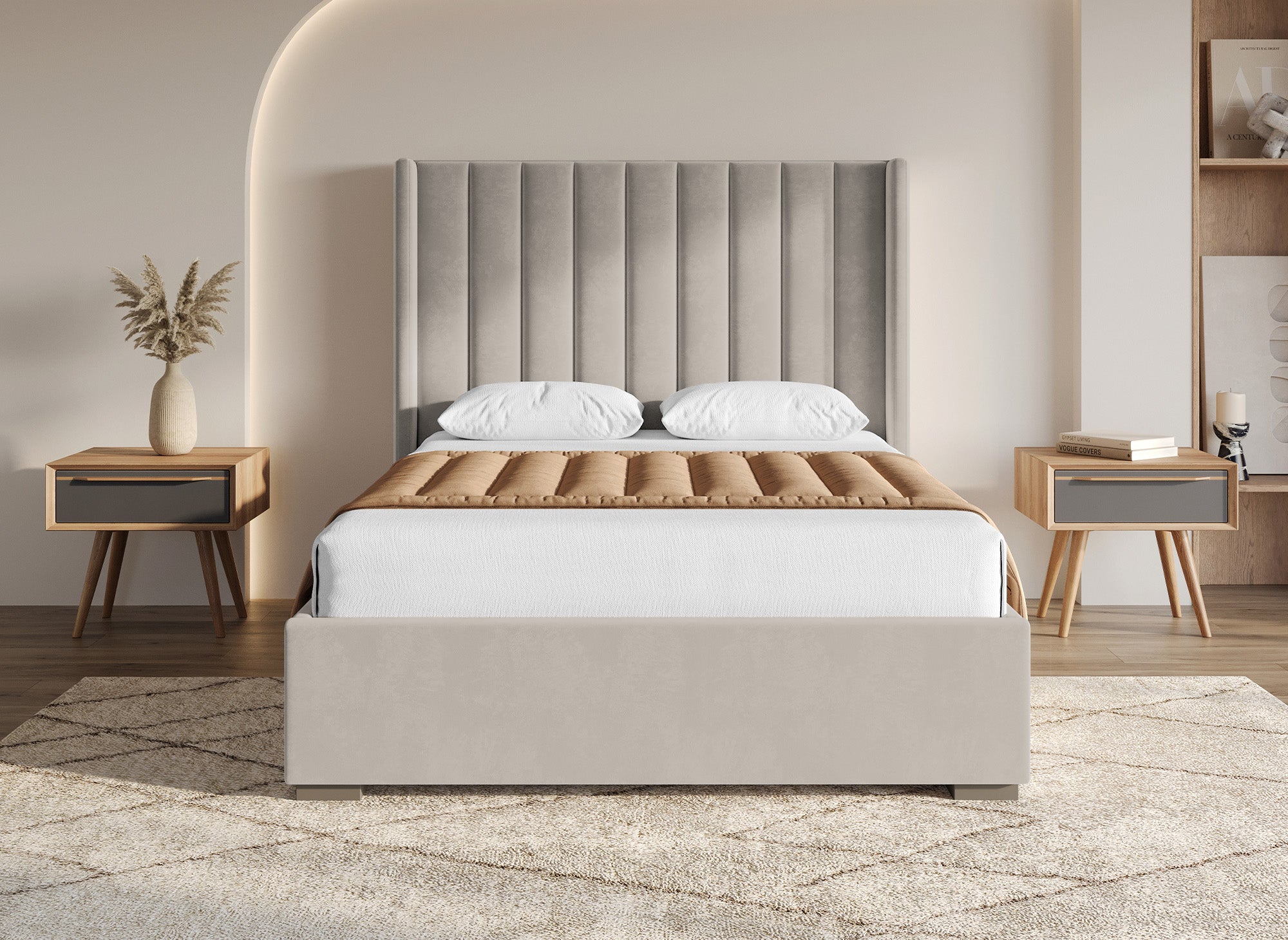 ALENA Bett mit Stauraum aus taupefarbenem Samt 140x190 cm
