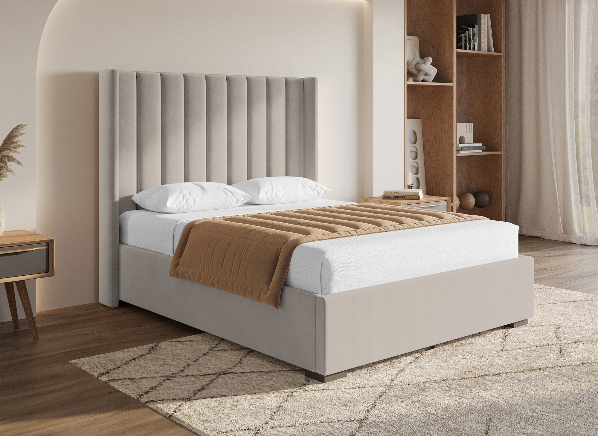 ALENA Bett mit Stauraum aus taupefarbenem Samt 140x190 cm