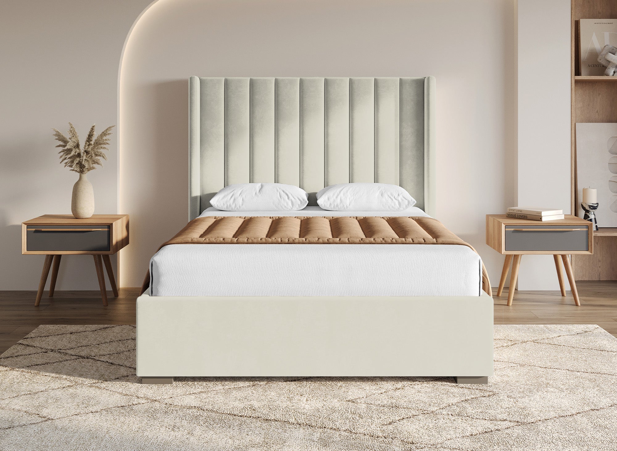 ALENA Bett mit Stauraum aus beigefarbenem Samt 140x190 cm