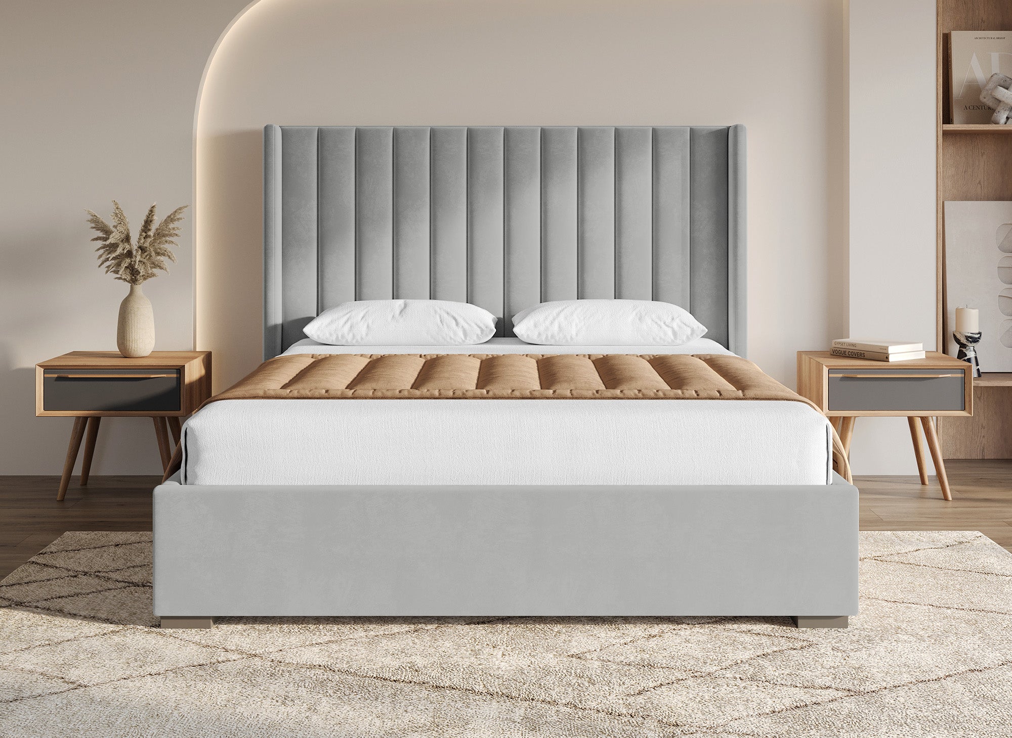 ALENA Bett mit Stauraum aus grauem Samt 180x200