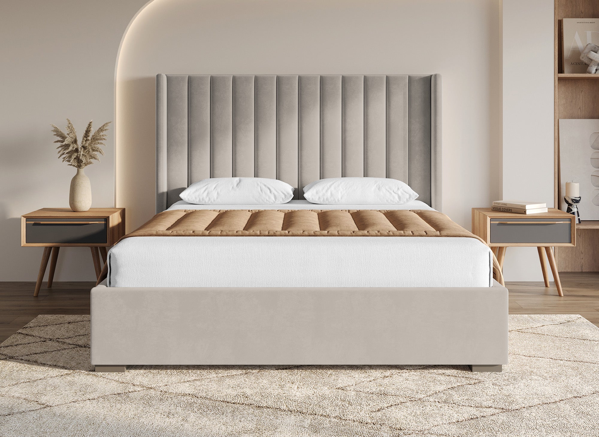 ALENA Bett mit Stauraum aus taupefarbenem Samt 180x200 cm