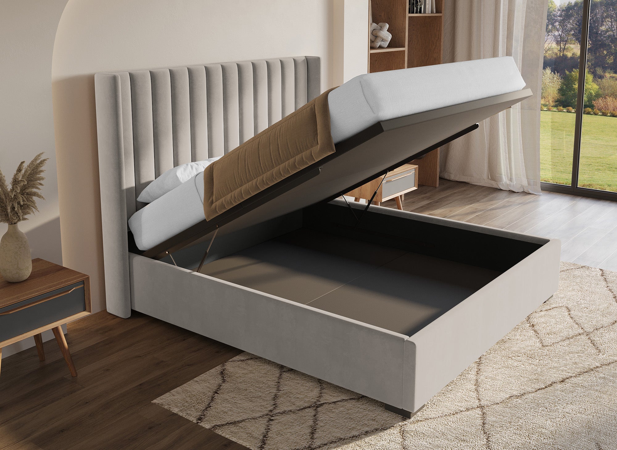 ALENA Bett mit Stauraum aus taupefarbenem Samt 180x200 cm