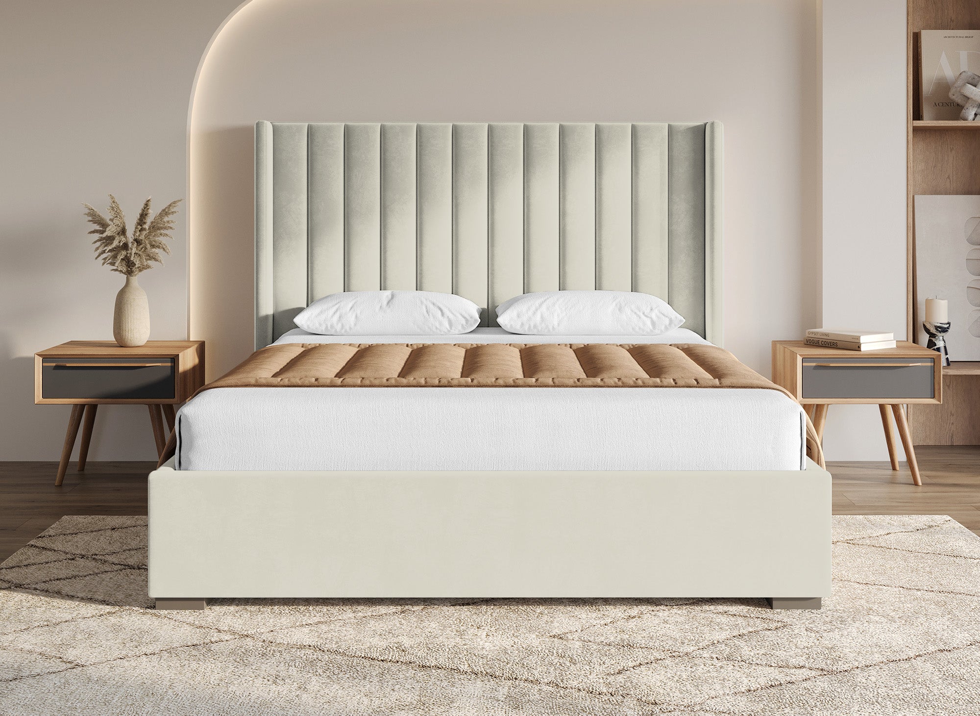 ALENA Bett mit Stauraum aus beigefarbenem Samt 180x200 cm