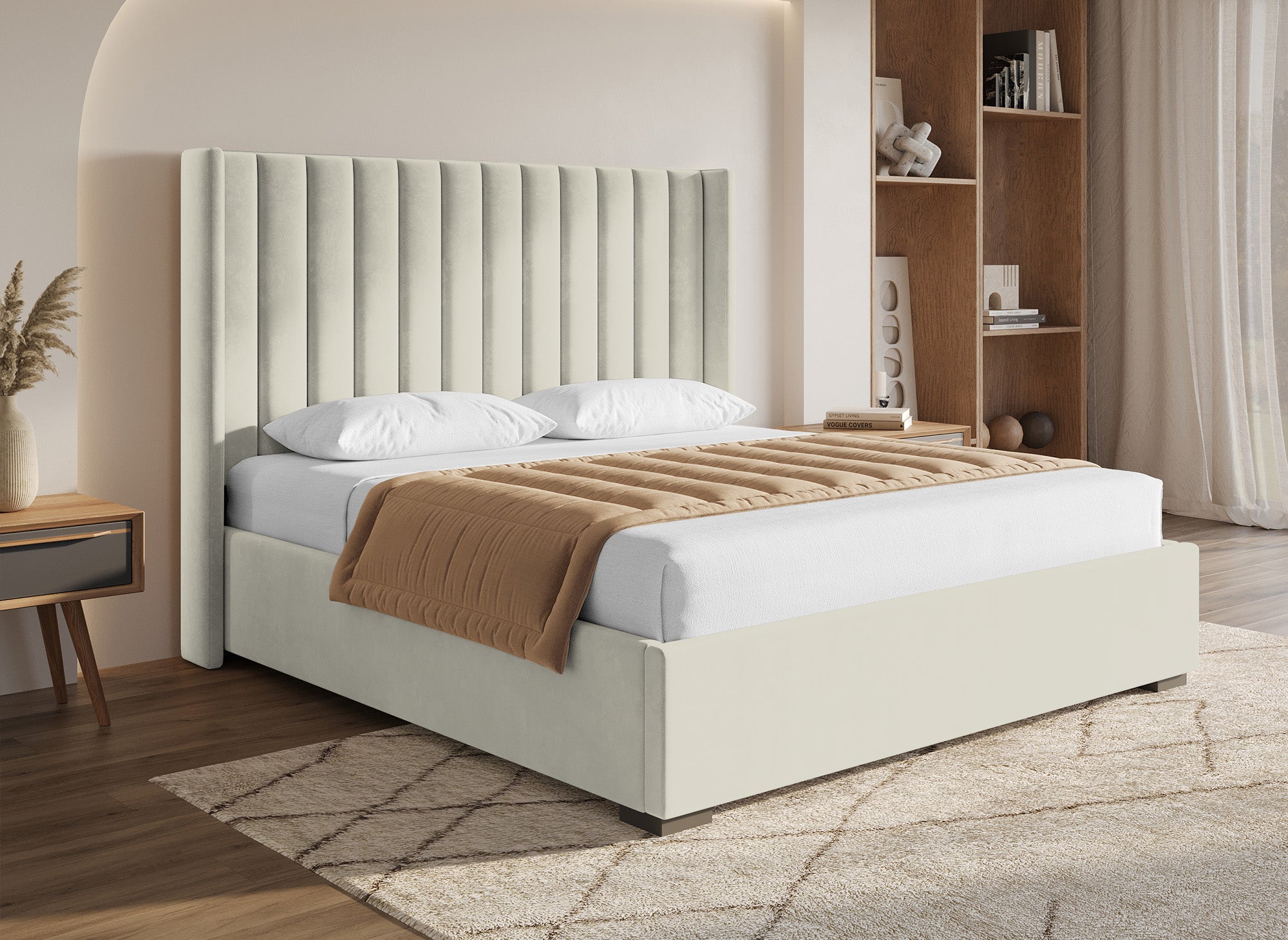 ALENA Bett mit Stauraum aus beigefarbenem Samt 180x200 cm