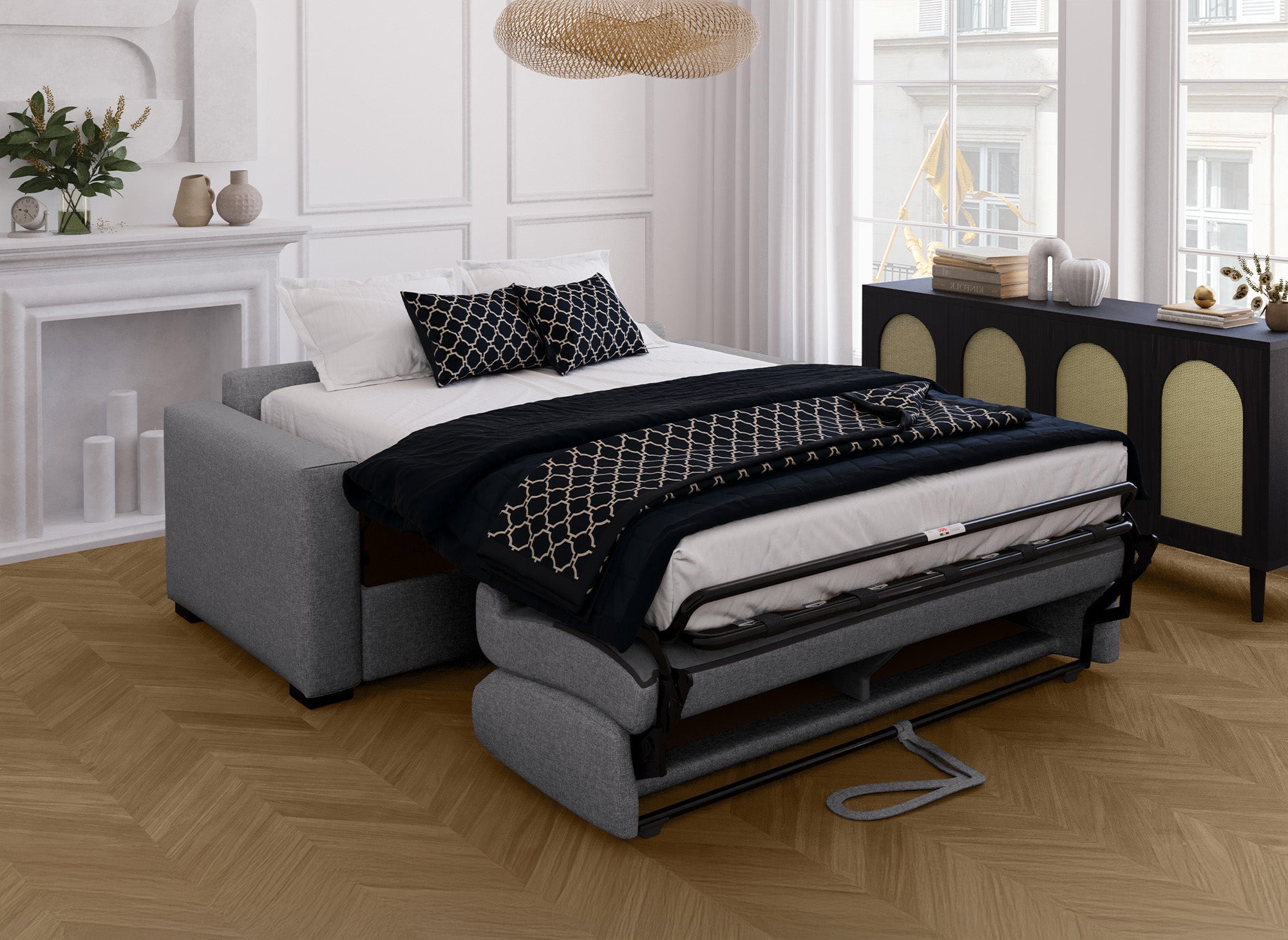 LOUNA 3-Sitzer-Schlafsofa aus dunkelgrauem Stoff mit Expressöffnung und 14 cm Matratze