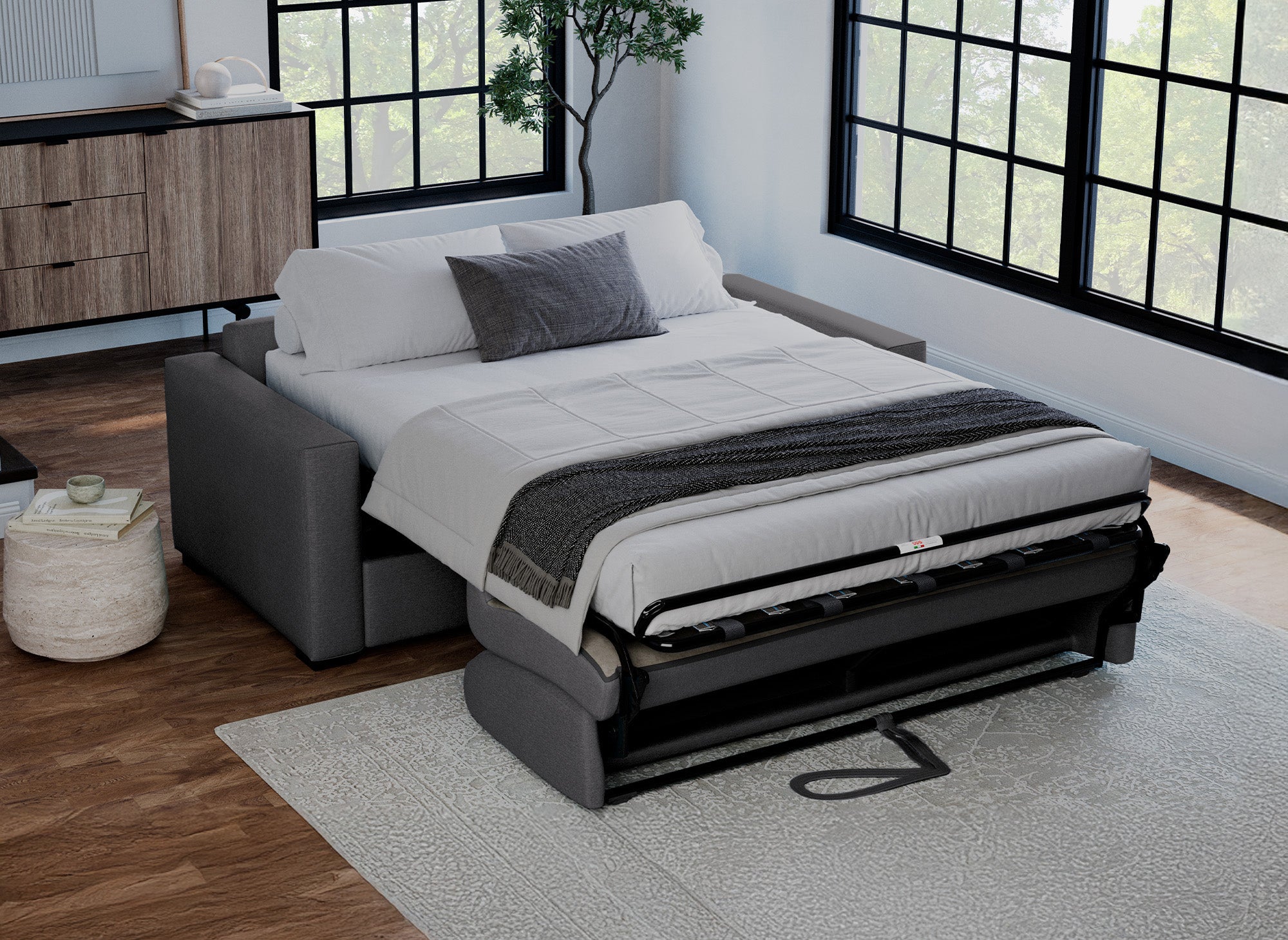 LOUNA LUXE 3-Sitzer-Schlafsofa aus dunkelgrauem Stoff mit Expressöffnung und 18 cm Matratze