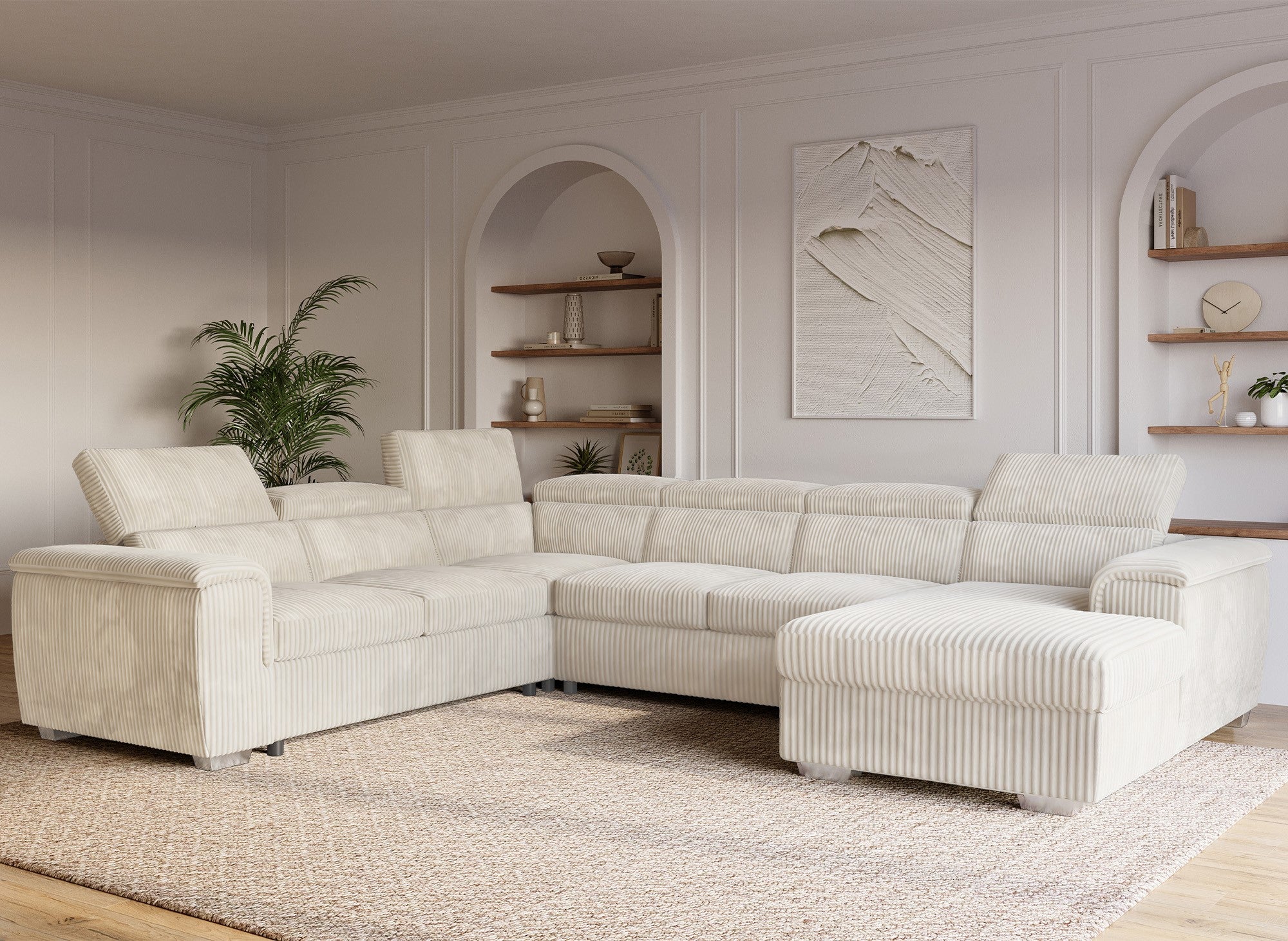 GAELLE Panorama-Schlafsofa mit Stauraum aus dickem, beigem Cord – rechtwinklig