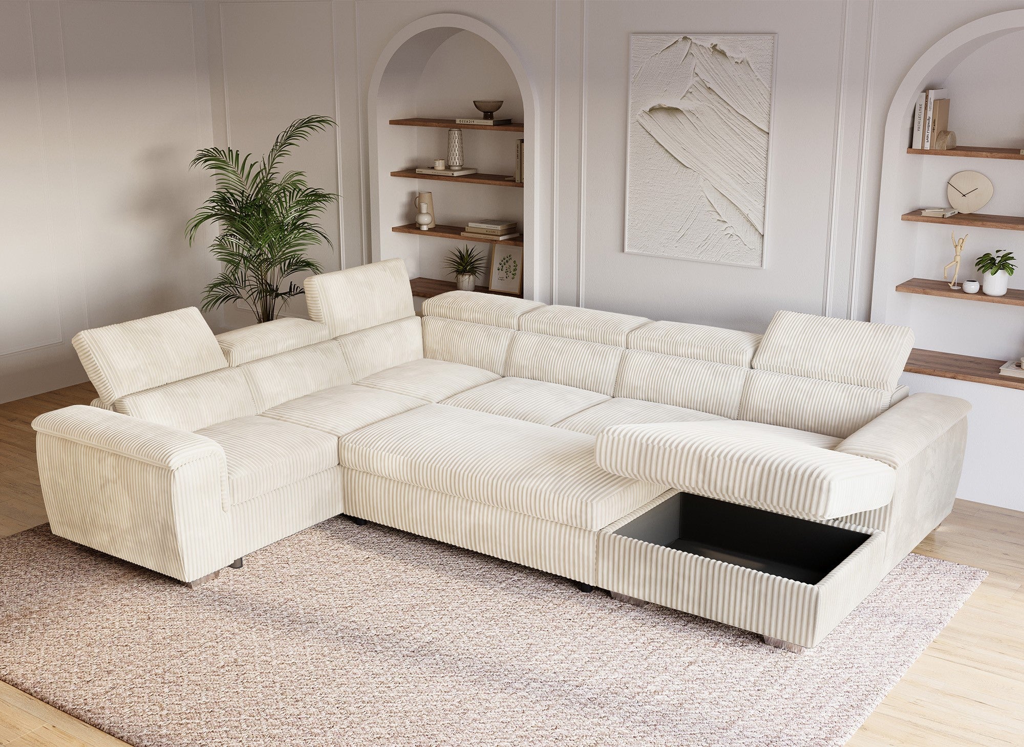 GAELLE Panorama-Schlafsofa mit Stauraum aus dickem, beigem Cord – rechtwinklig