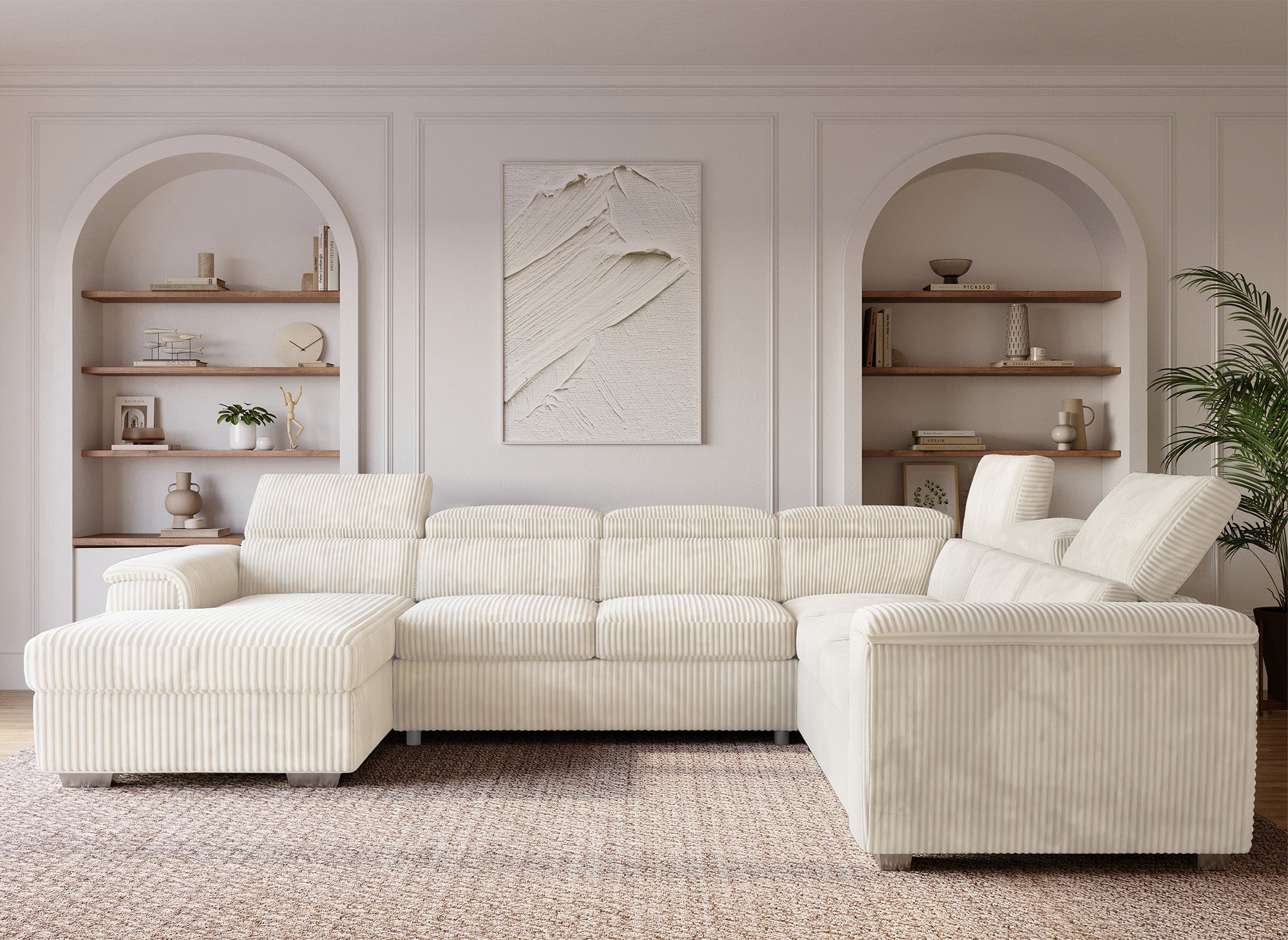 GAELLE Panorama-Schlafsofa mit Stauraum aus dickem, beigem Cord – Linke Ecke