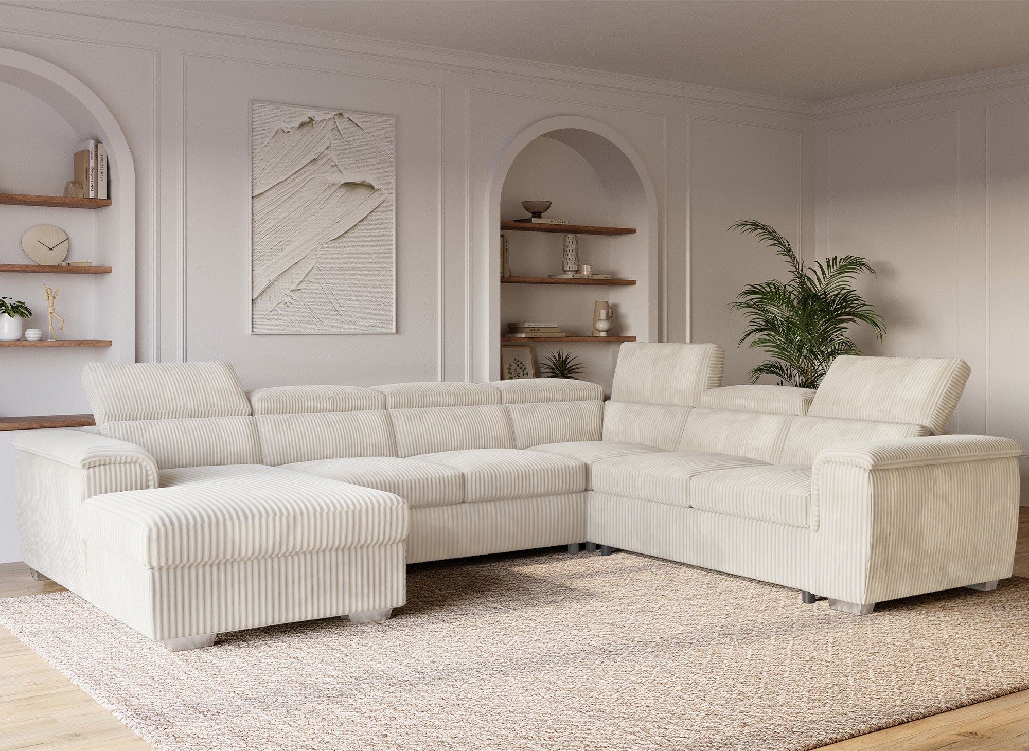 GAELLE Panorama-Schlafsofa mit Stauraum aus dickem, beigem Cord – Linke Ecke