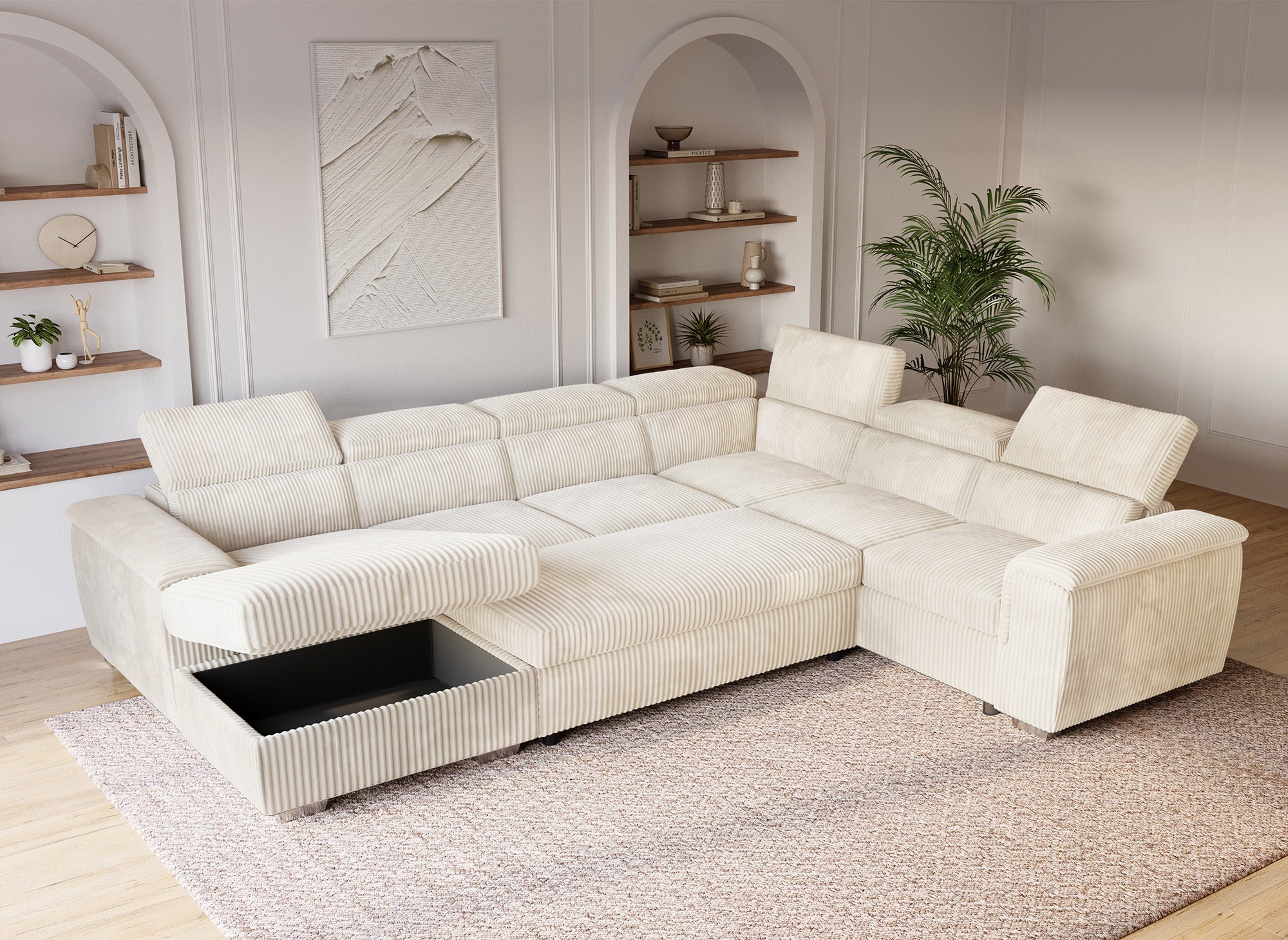 GAELLE Panorama-Schlafsofa mit Stauraum aus dickem, beigem Cord – Linke Ecke