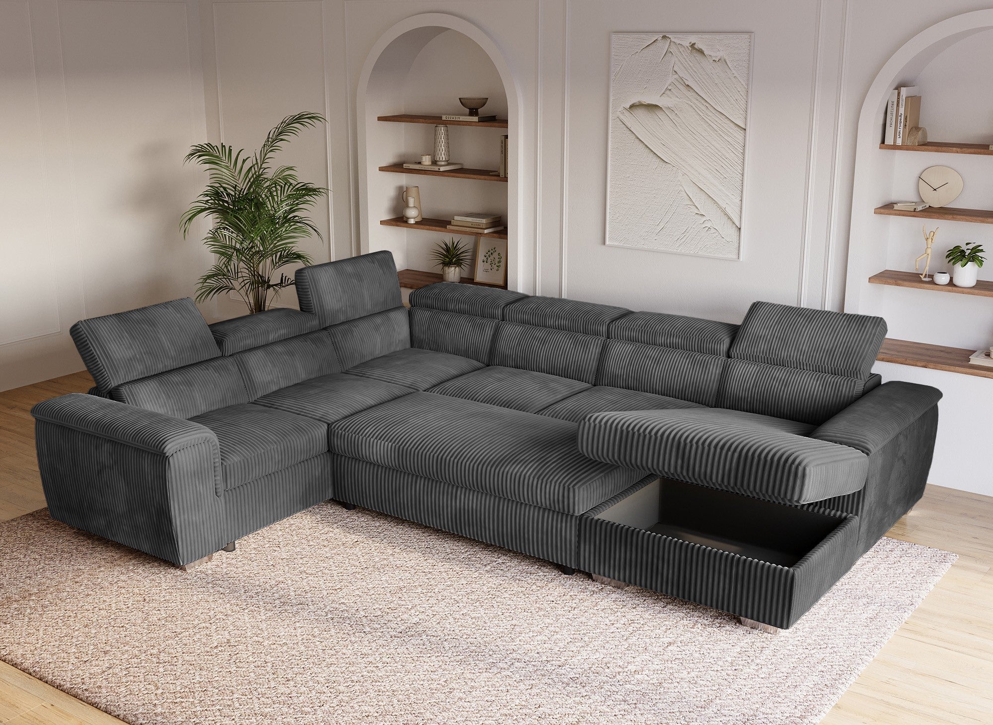 GAELLE Panorama-Sofa mit Stauraum aus dickem grauem Cord – rechtwinklig