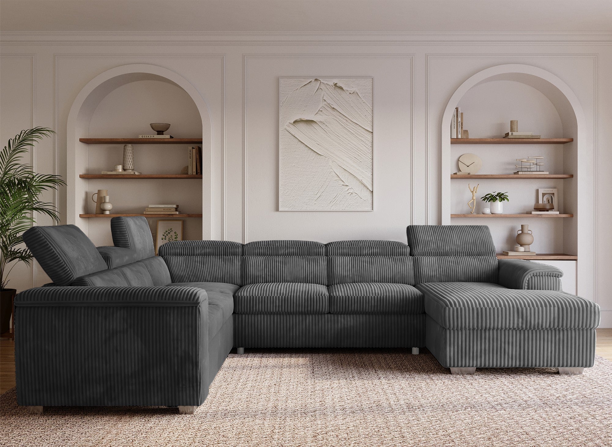 GAELLE Panorama-Sofa mit Stauraum aus dickem grauem Cord – rechtwinklig