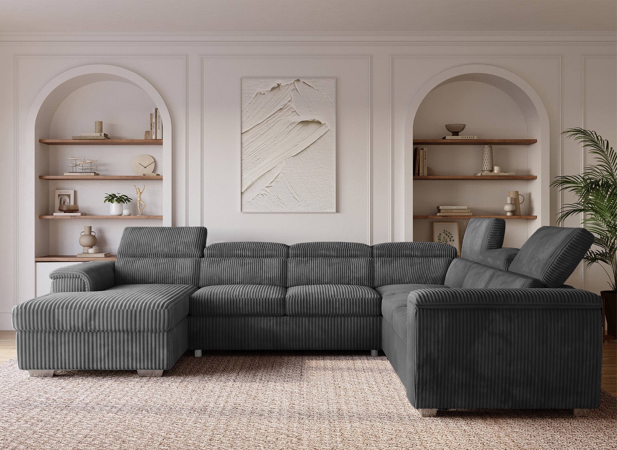 GAELLE Panorama-Sofa mit Stauraum aus dickem grauem Cord – Linke Ecke