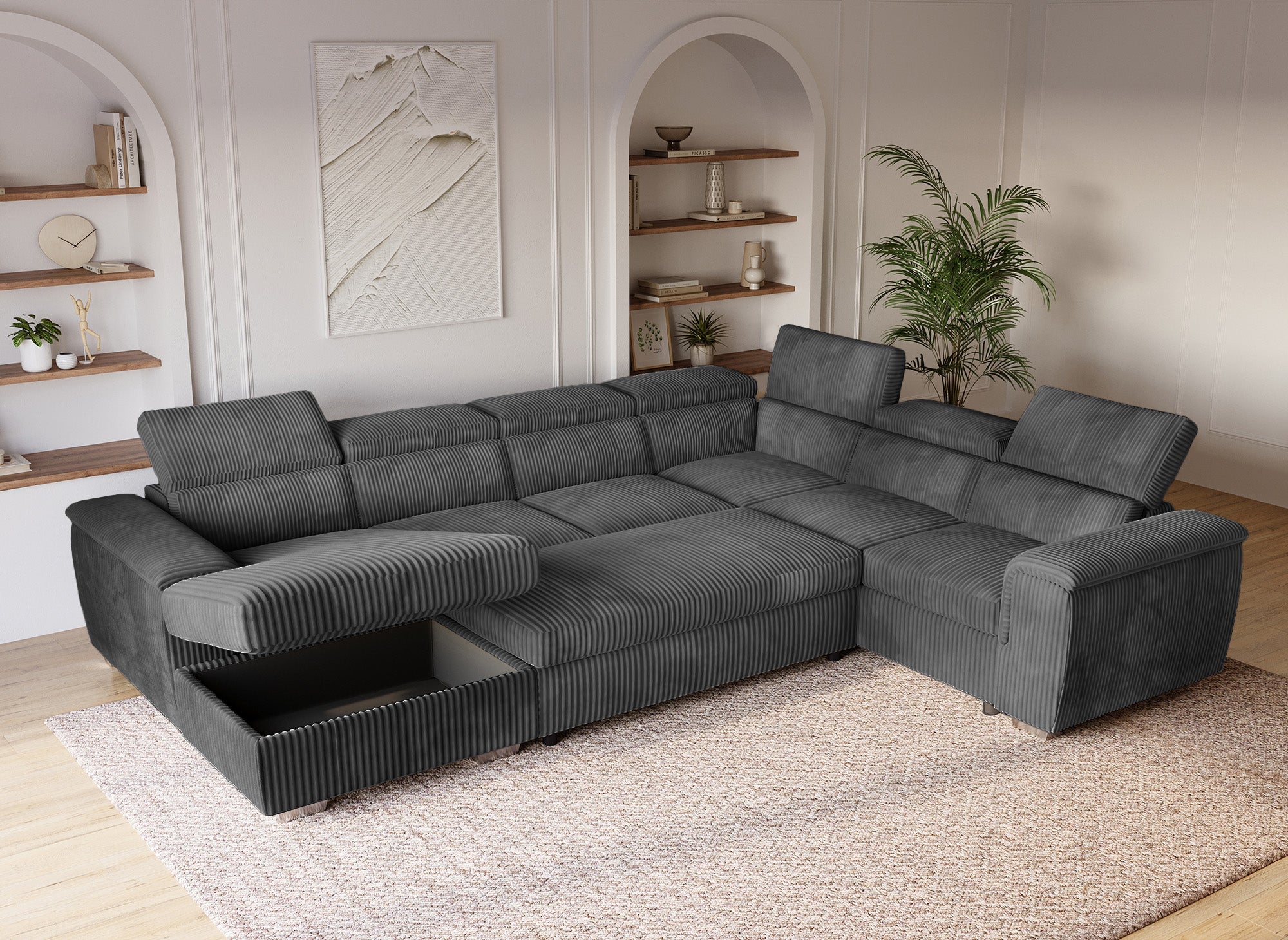 GAELLE Panorama-Sofa mit Stauraum aus dickem grauem Cord – Linke Ecke