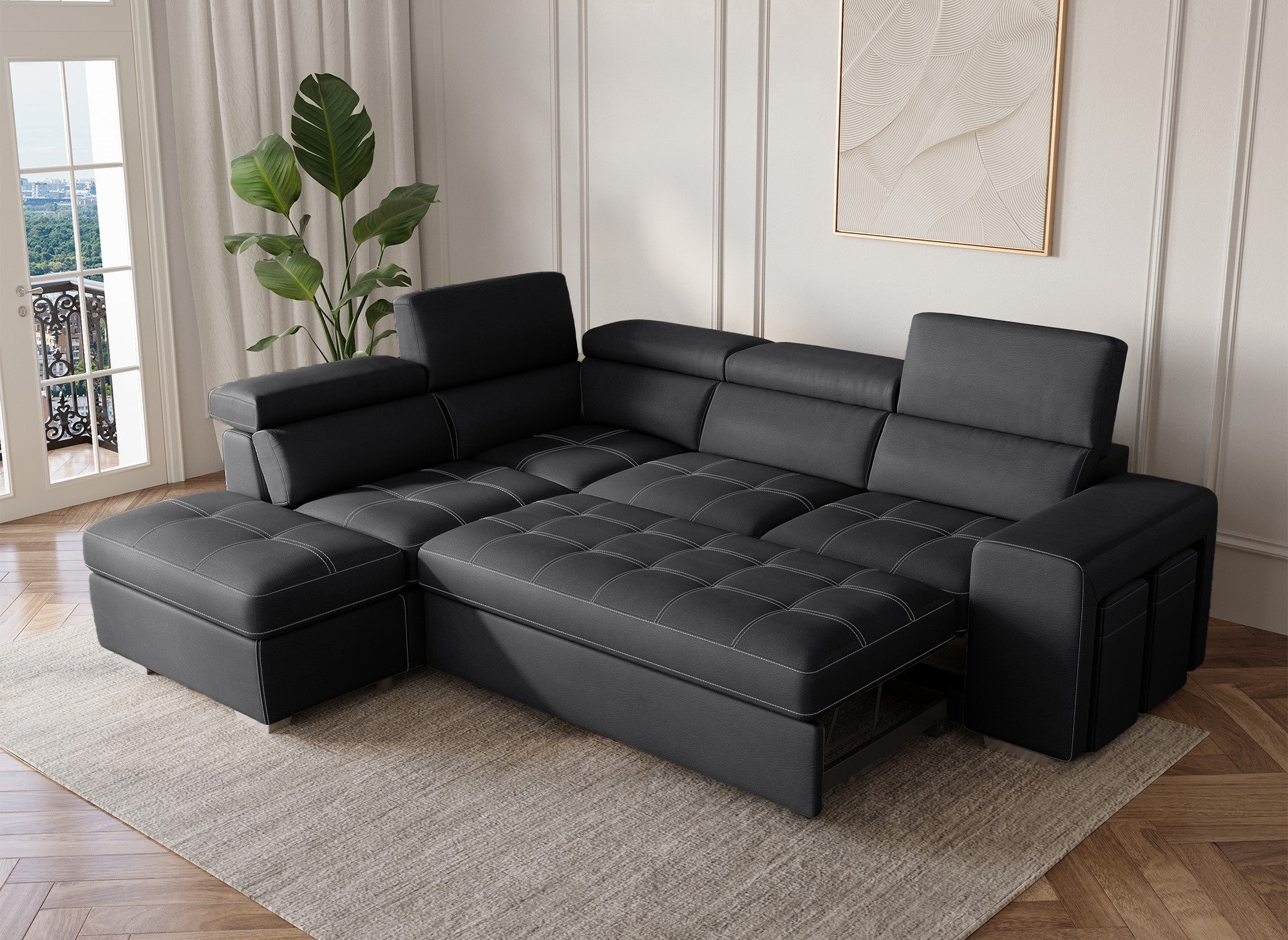 DAVON Ecksofa aus schwarzem Stoff, umwandelbar – linke Ecke