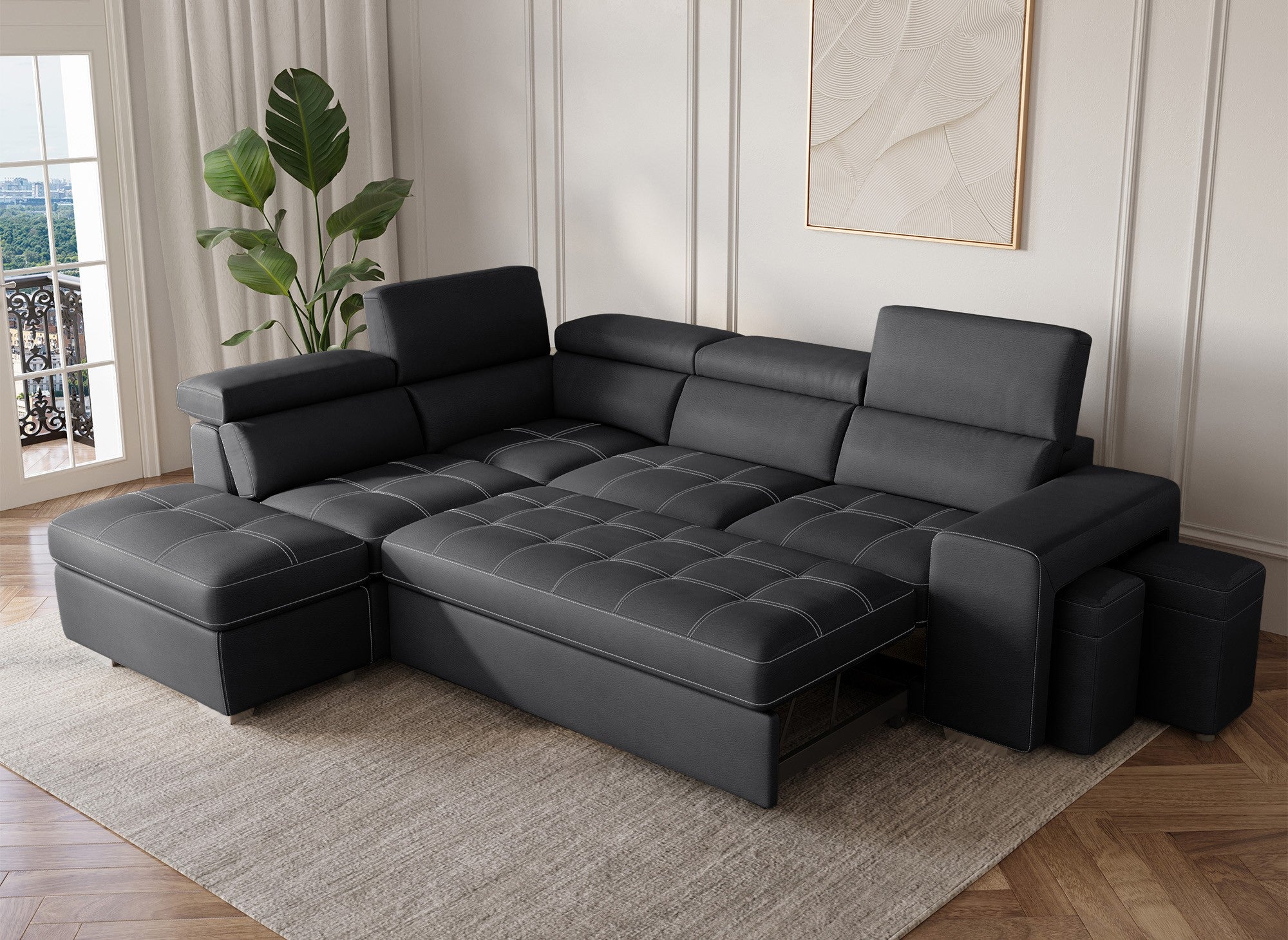 DAVON Ecksofa aus schwarzem Stoff, umwandelbar – linke Ecke