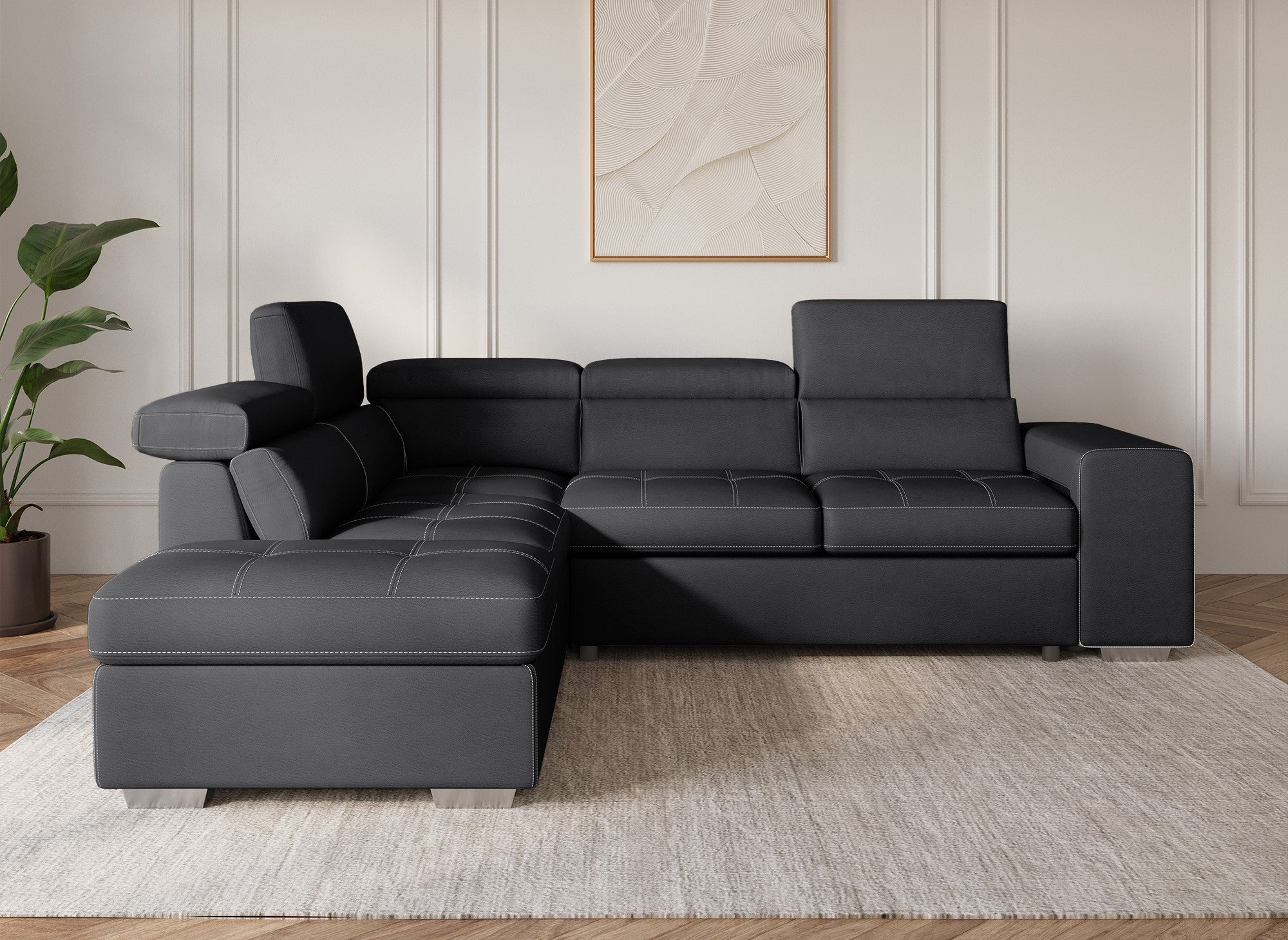 DAVON Ecksofa aus schwarzem Stoff, umwandelbar – linke Ecke