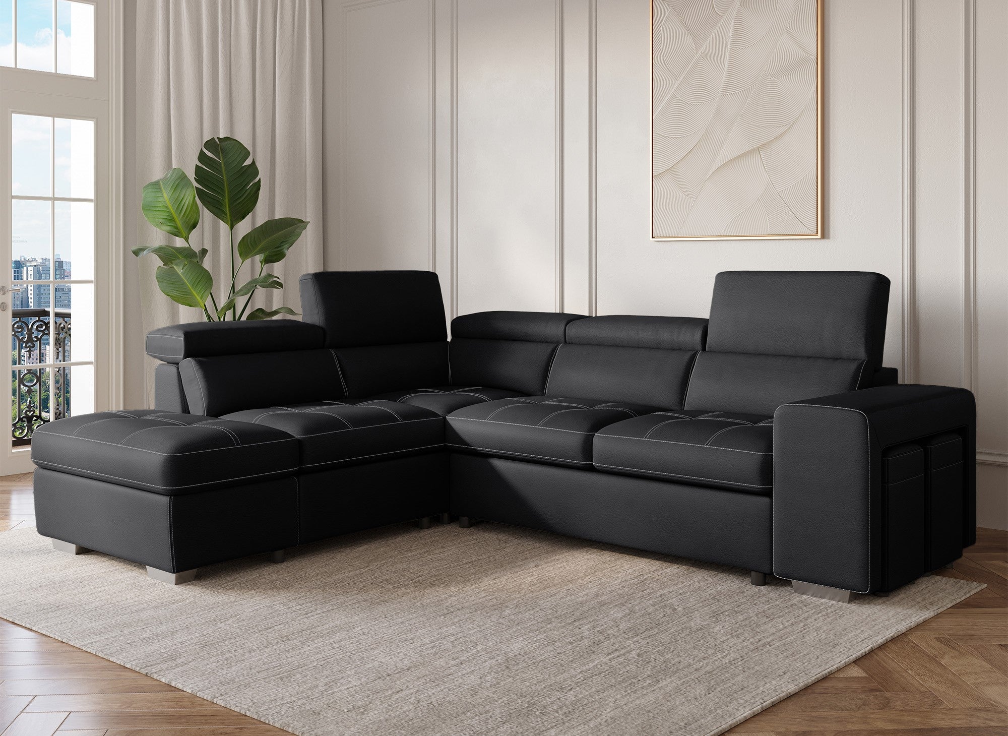 DAVON Ecksofa aus schwarzem Stoff, umwandelbar – linke Ecke