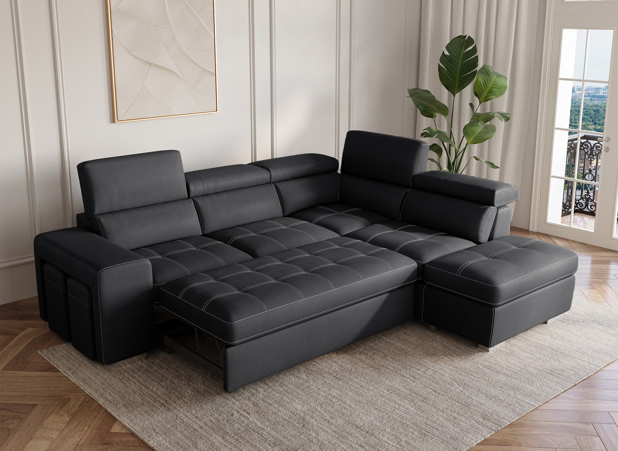 DAVON Ecksofa aus schwarzem Stoff, rechtwinklig