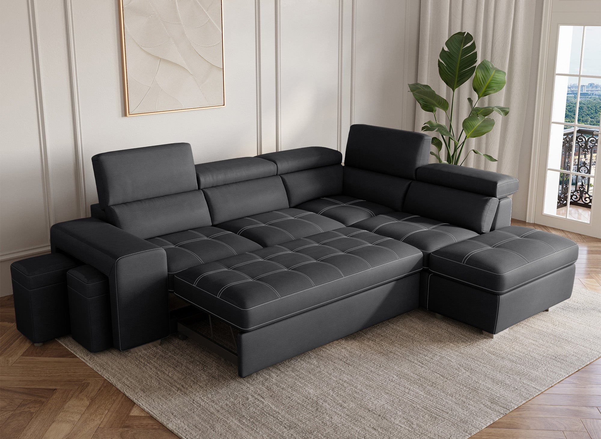 DAVON Ecksofa aus schwarzem Stoff, rechtwinklig