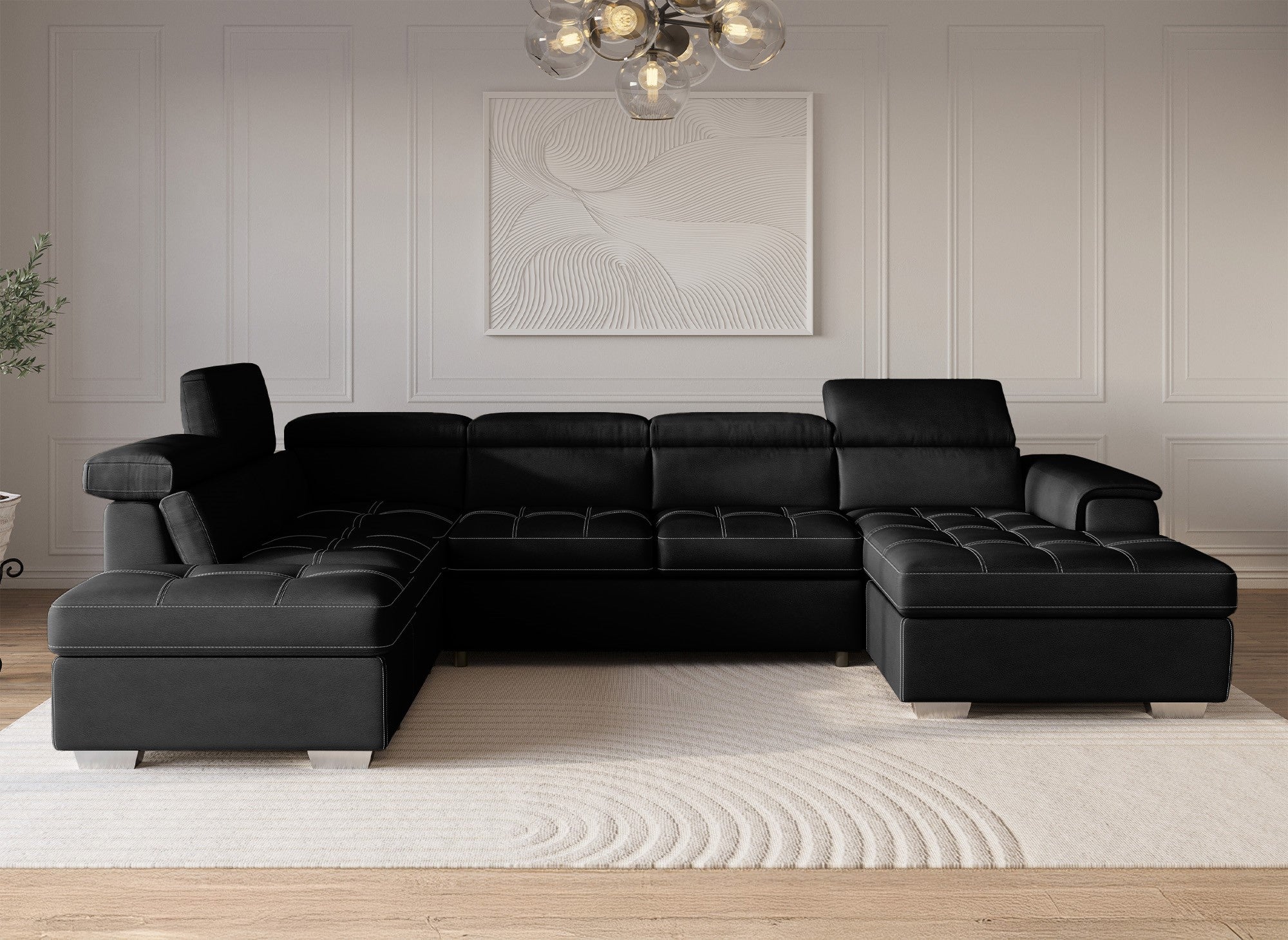 OLIVER Panorama-Sofa mit Aufbewahrungsbox aus schwarzem Stoff - Right Angle