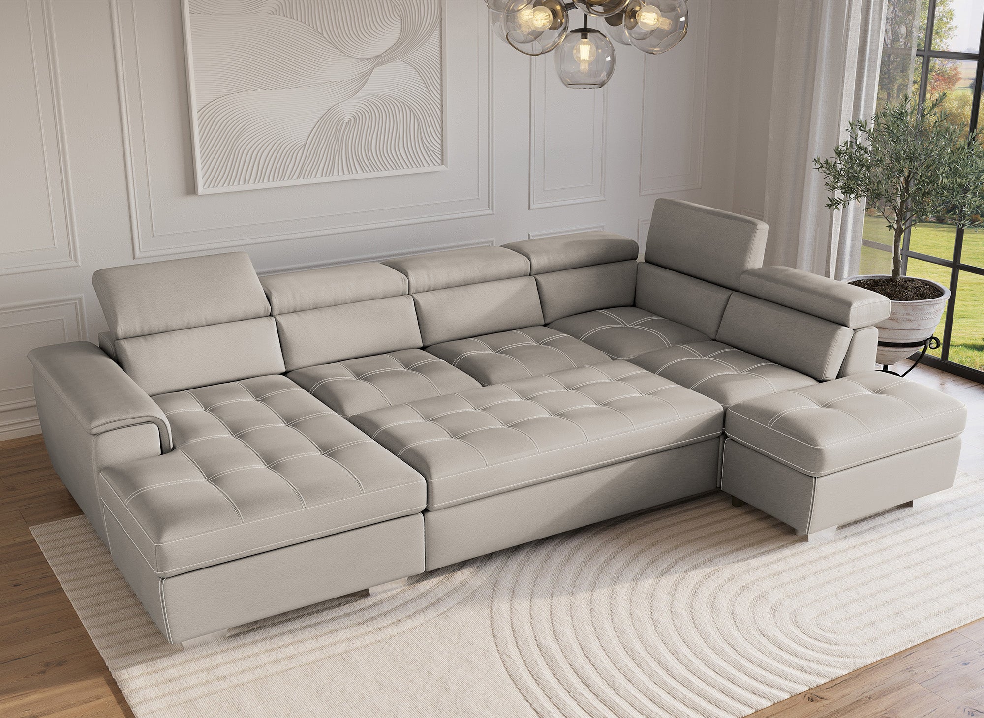 OLIVER Panorama-Sofa mit Aufbewahrungsbox aus beigem Stoff - Linke Ecke