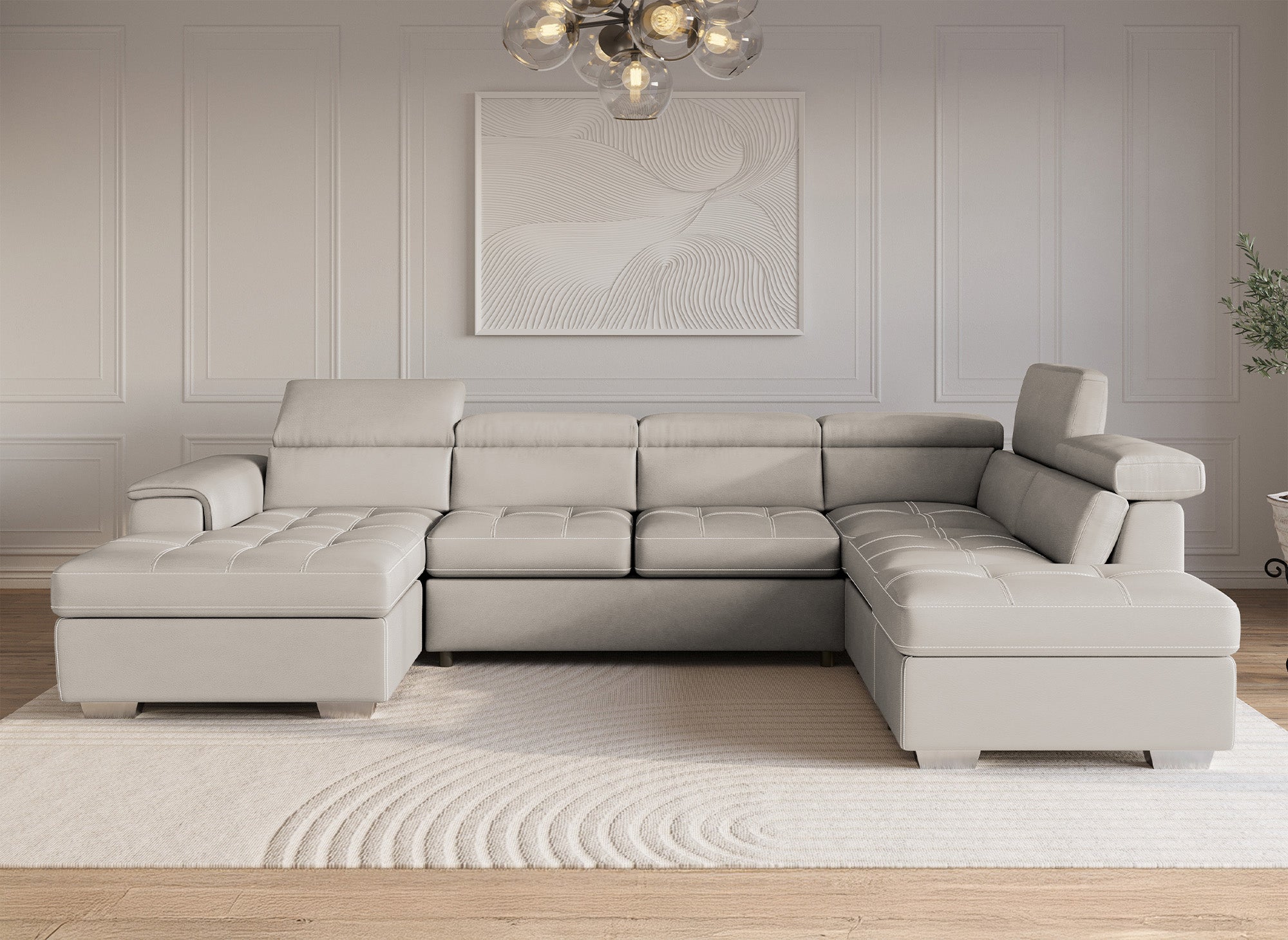 OLIVER Panorama-Sofa mit Aufbewahrungsbox aus beigem Stoff - Linke Ecke