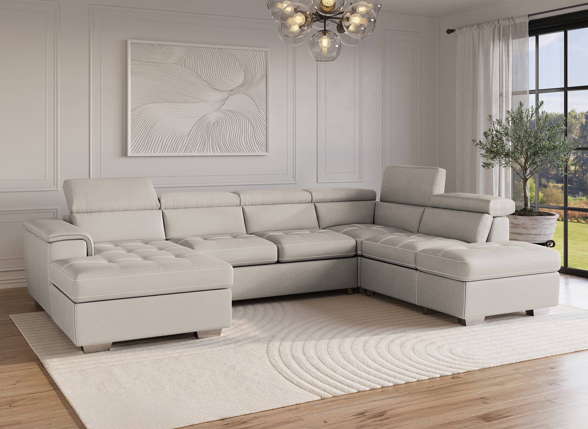 OLIVER Panorama-Sofa mit Aufbewahrungsbox aus beigem Stoff - Linke Ecke