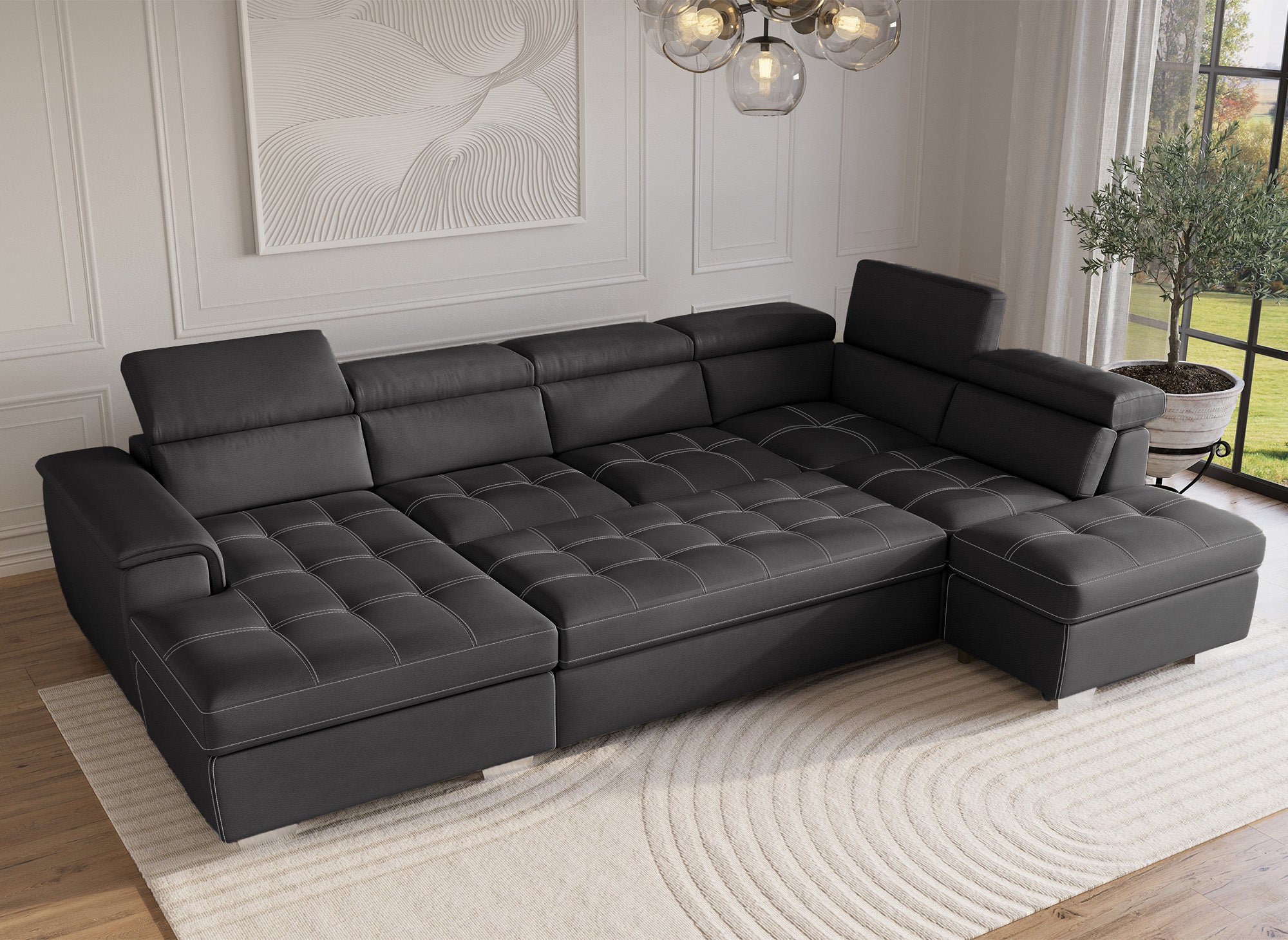 OLIVER Panorama-Sofa mit Aufbewahrungsbox aus grauem Stoff - Linke Ecke