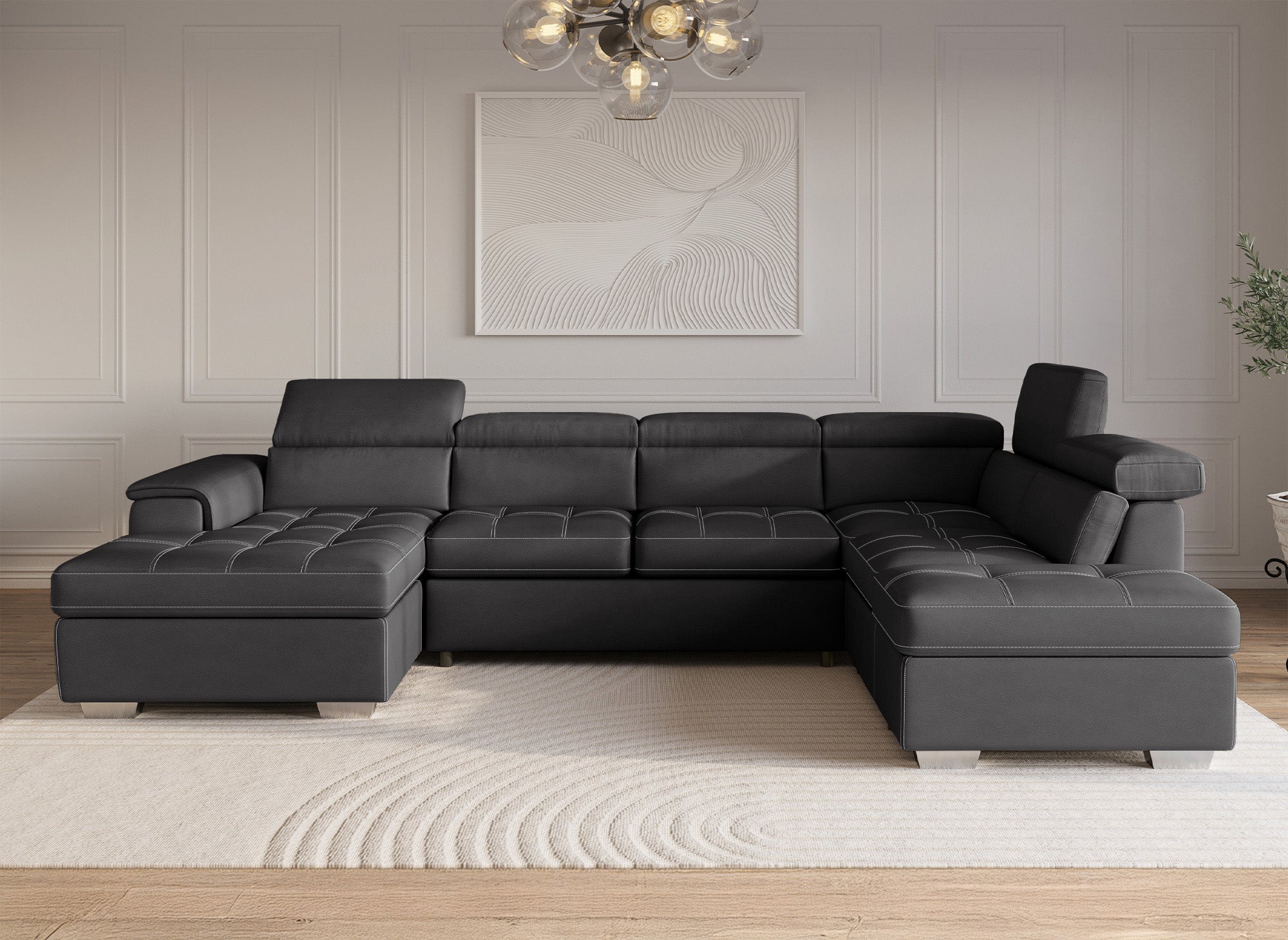 OLIVER Panorama-Sofa mit Aufbewahrungsbox aus grauem Stoff - Linke Ecke