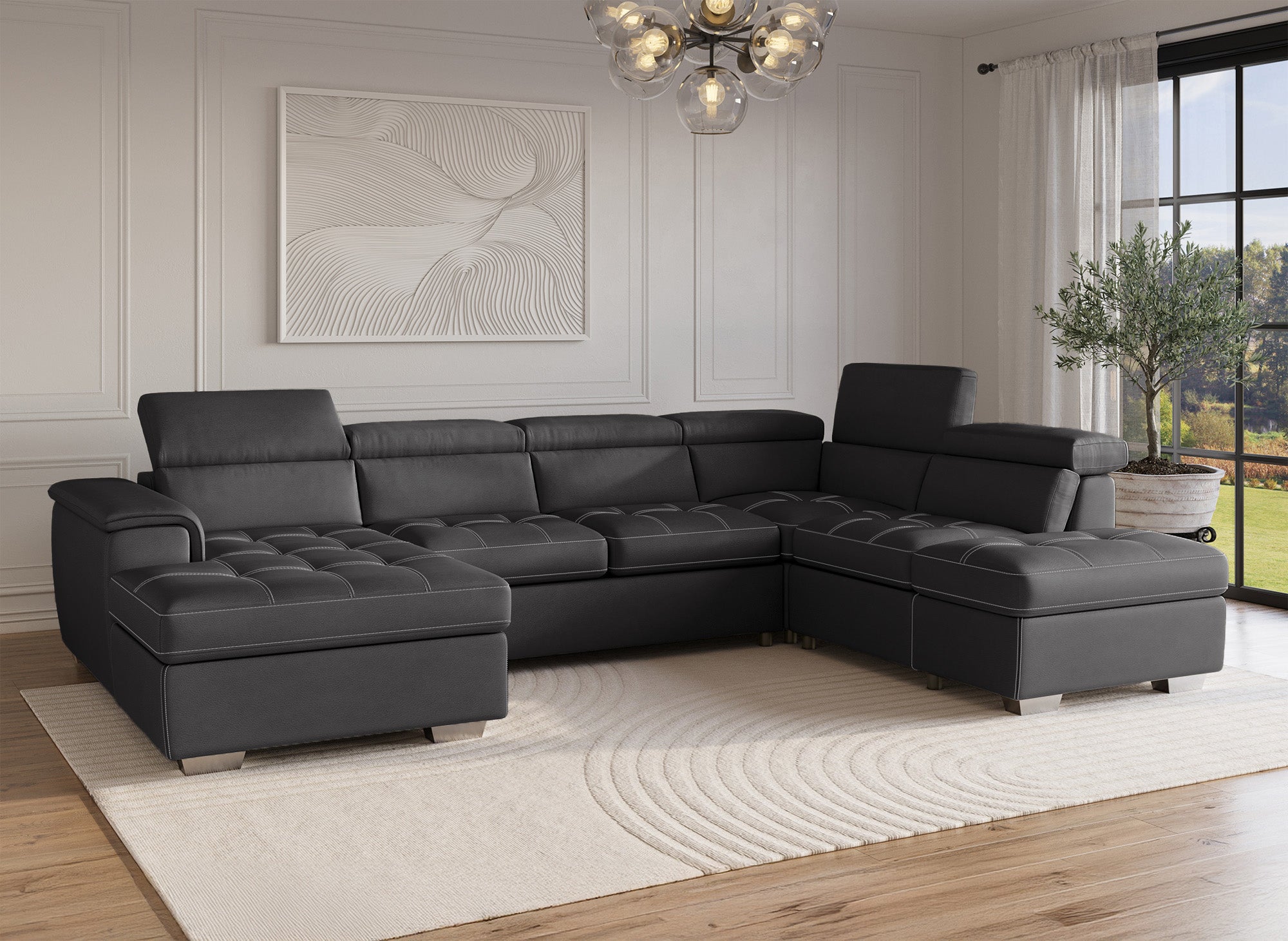 OLIVER Panorama-Sofa mit Aufbewahrungsbox aus grauem Stoff - Linke Ecke