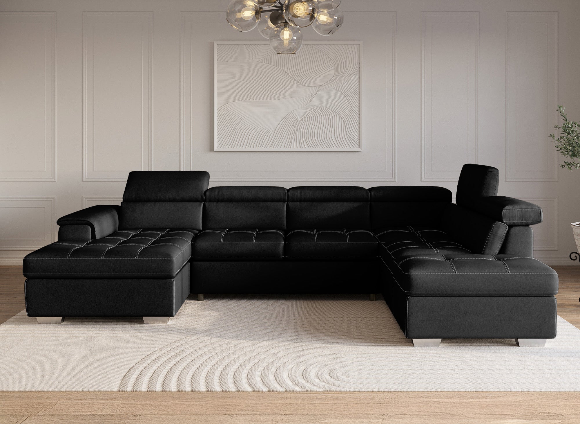 OLIVER Panorama-Sofa mit Aufbewahrungsbox aus schwarzem Stoff - Linke Ecke