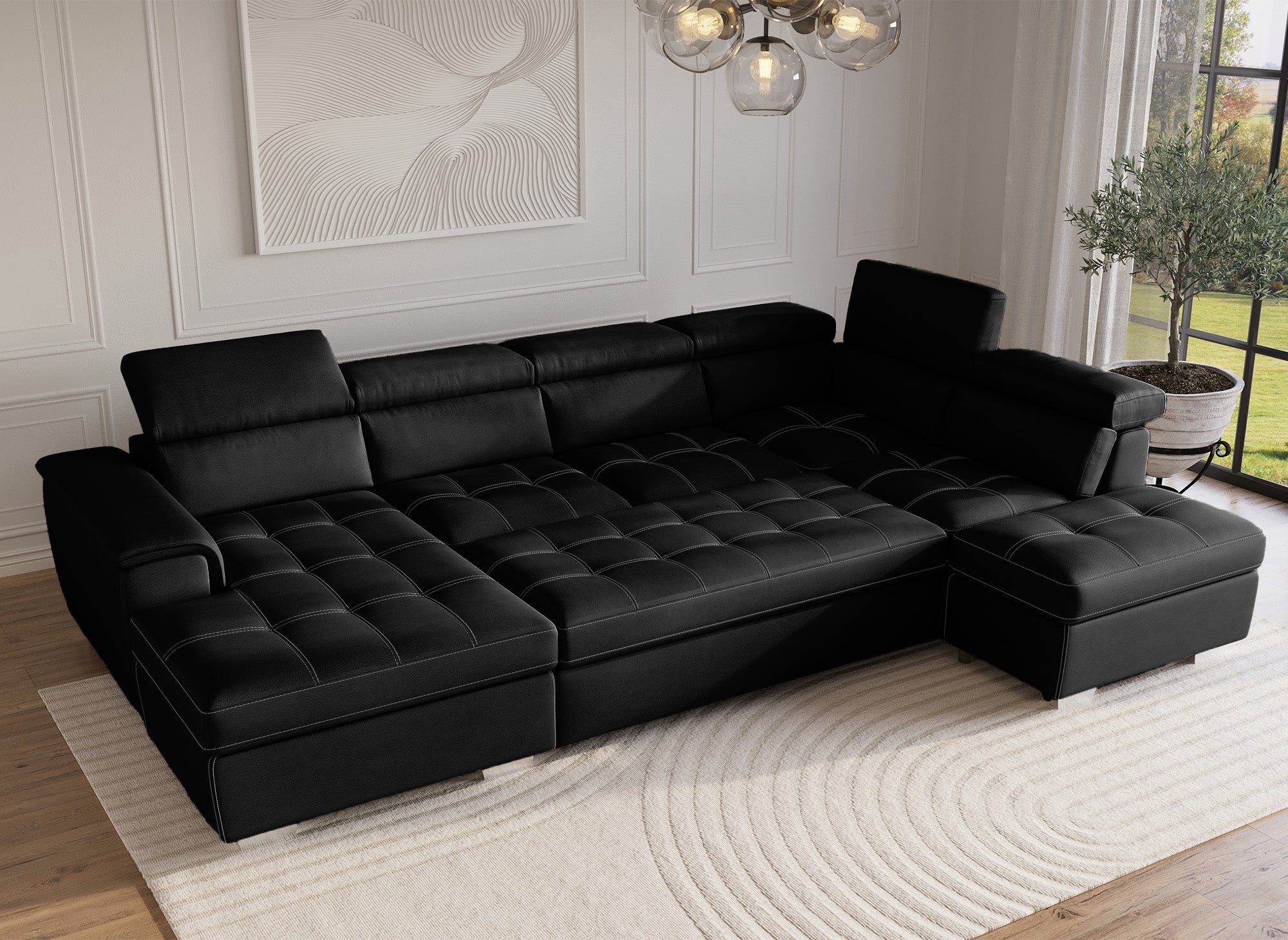 OLIVER Panorama-Sofa mit Aufbewahrungsbox aus schwarzem Stoff - Linke Ecke