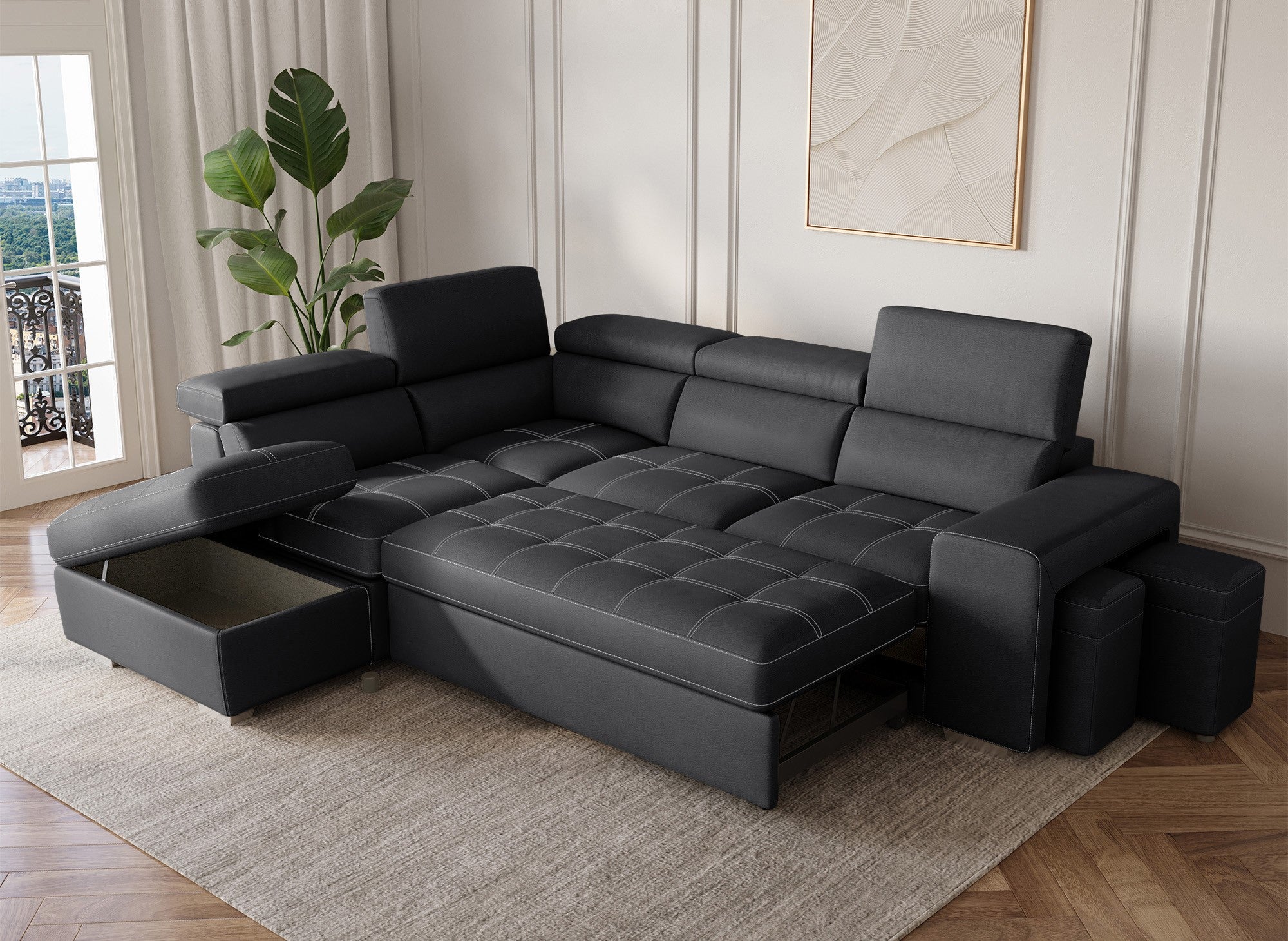 DAVON Ecksofa aus schwarzem Stoff, umwandelbar – linke Ecke