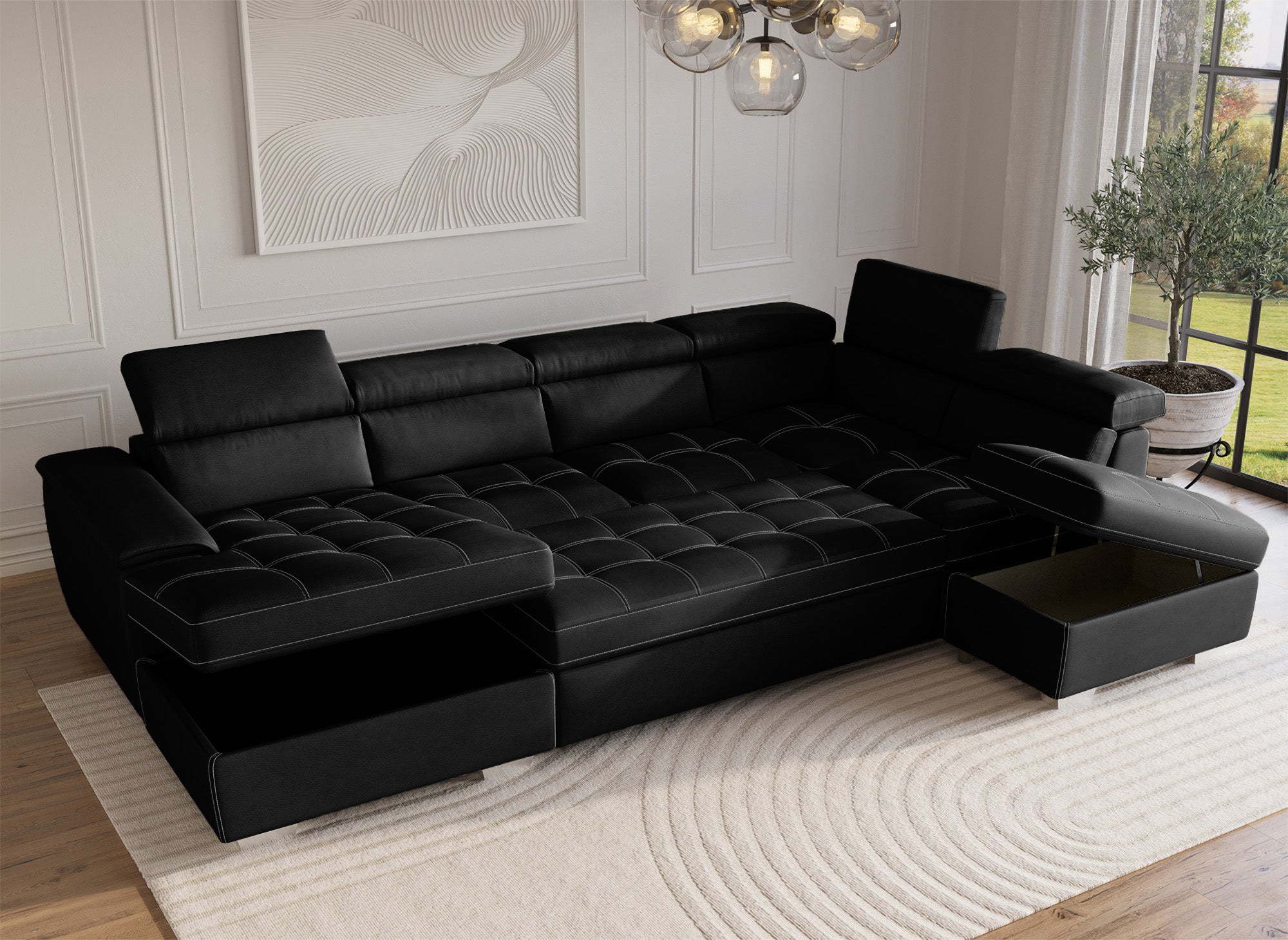 OLIVER Panorama-Sofa mit Aufbewahrungsbox aus schwarzem Stoff - Linke Ecke