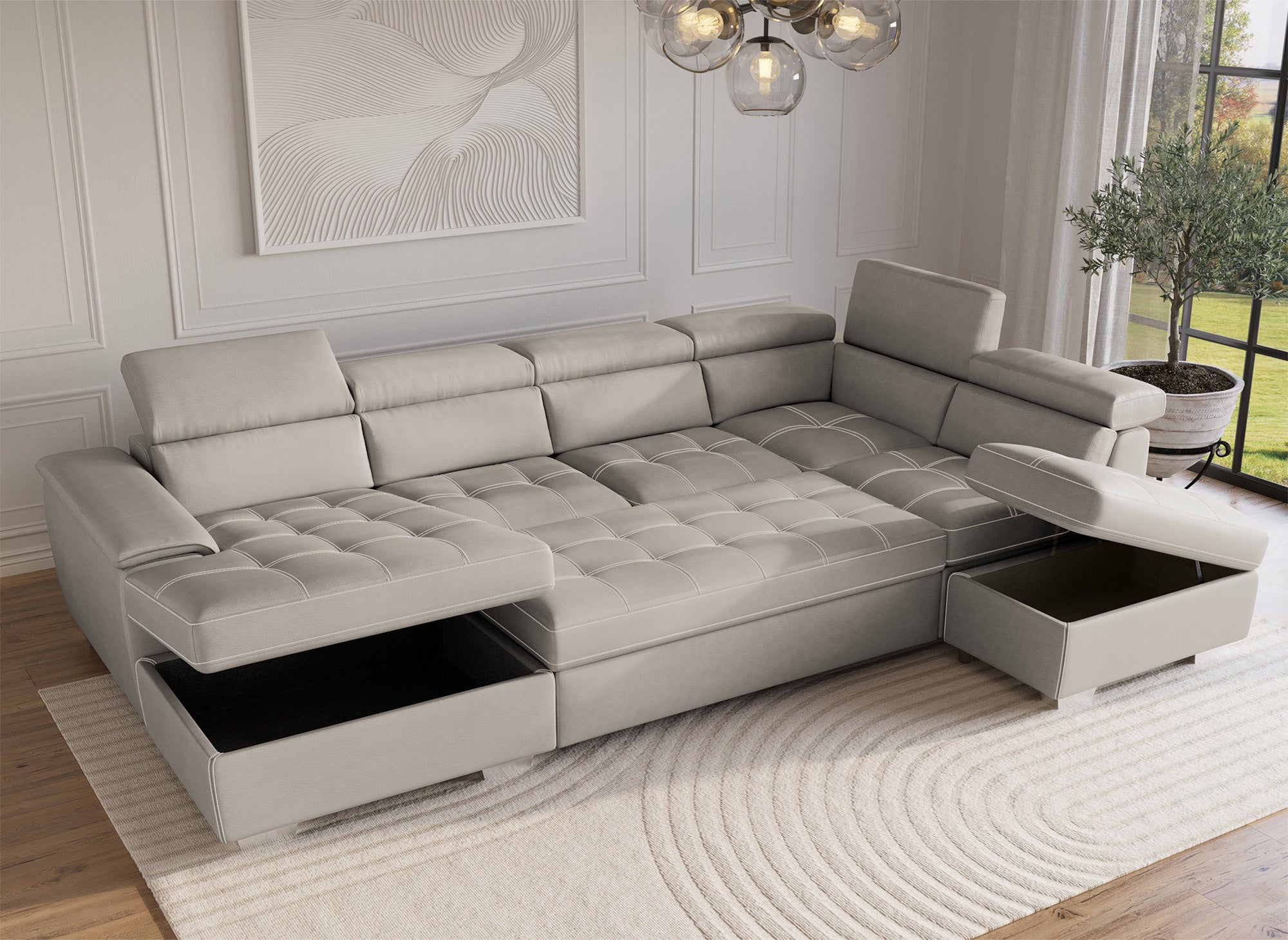 OLIVER Panorama-Sofa mit Aufbewahrungsbox aus beigem Stoff - Linke Ecke