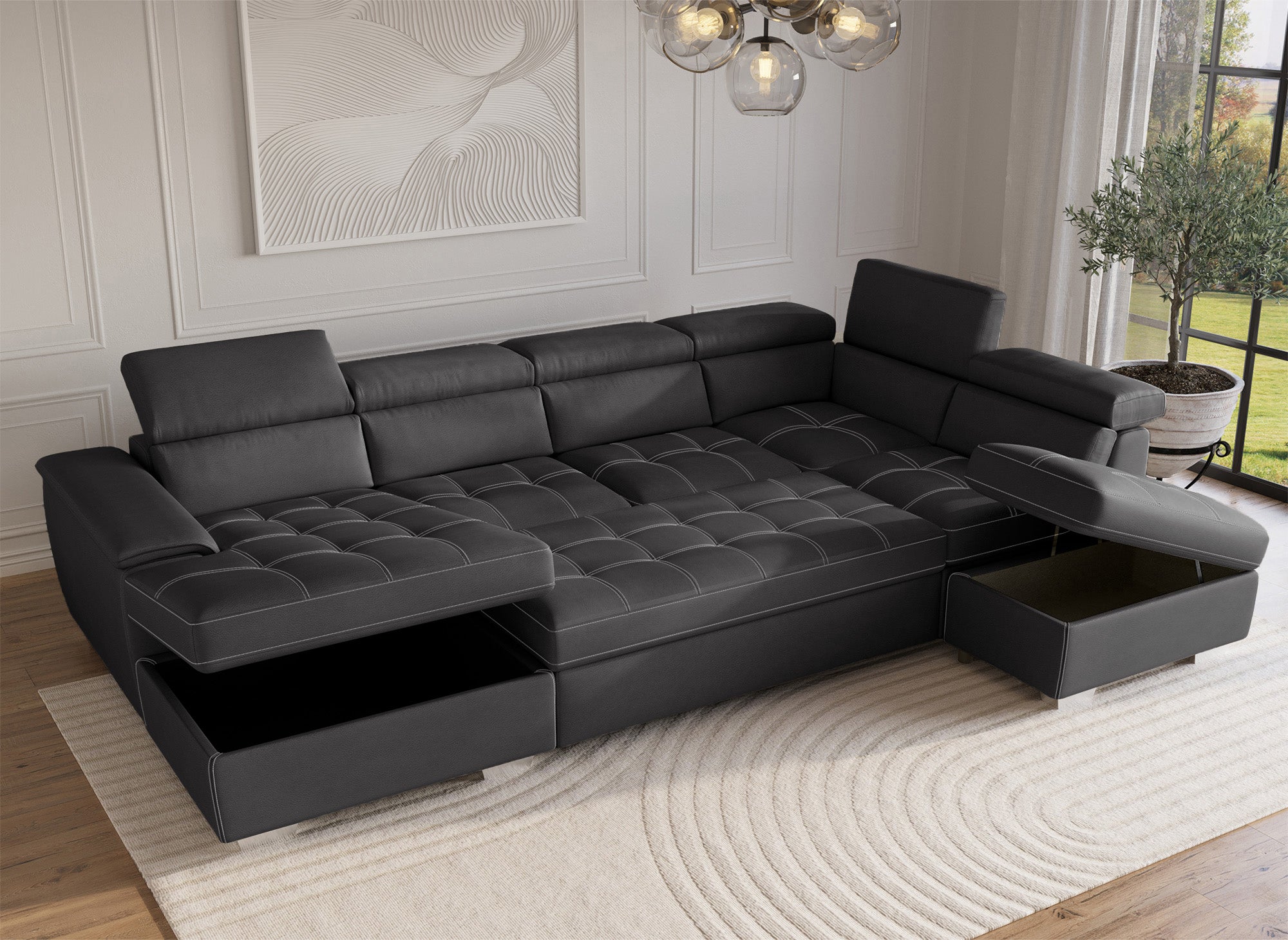 OLIVER Panorama-Sofa mit Aufbewahrungsbox aus grauem Stoff - Linke Ecke