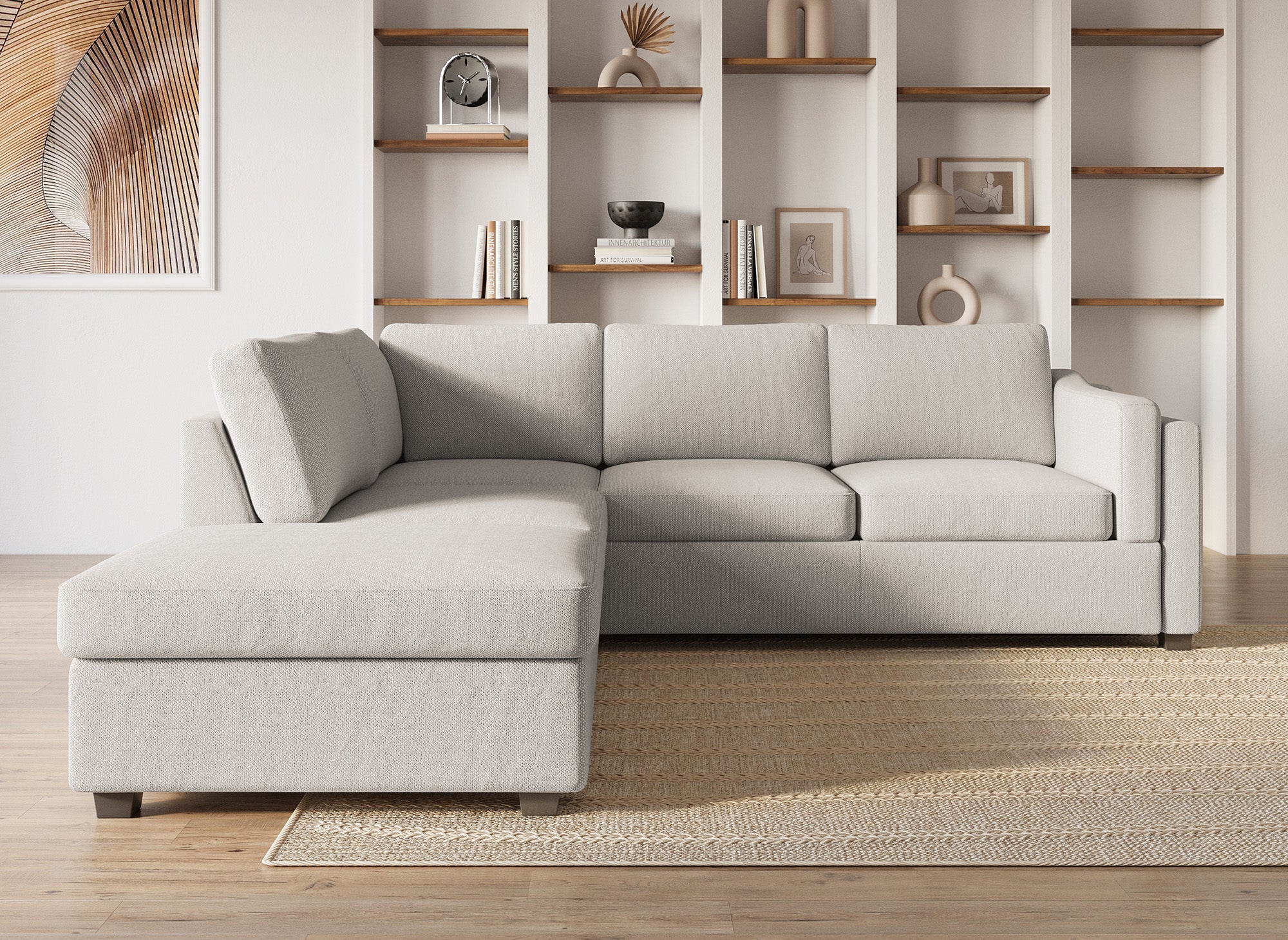 BARNEY beiges Stoffschlafsofa mit Stauraum - Linke Ecke
